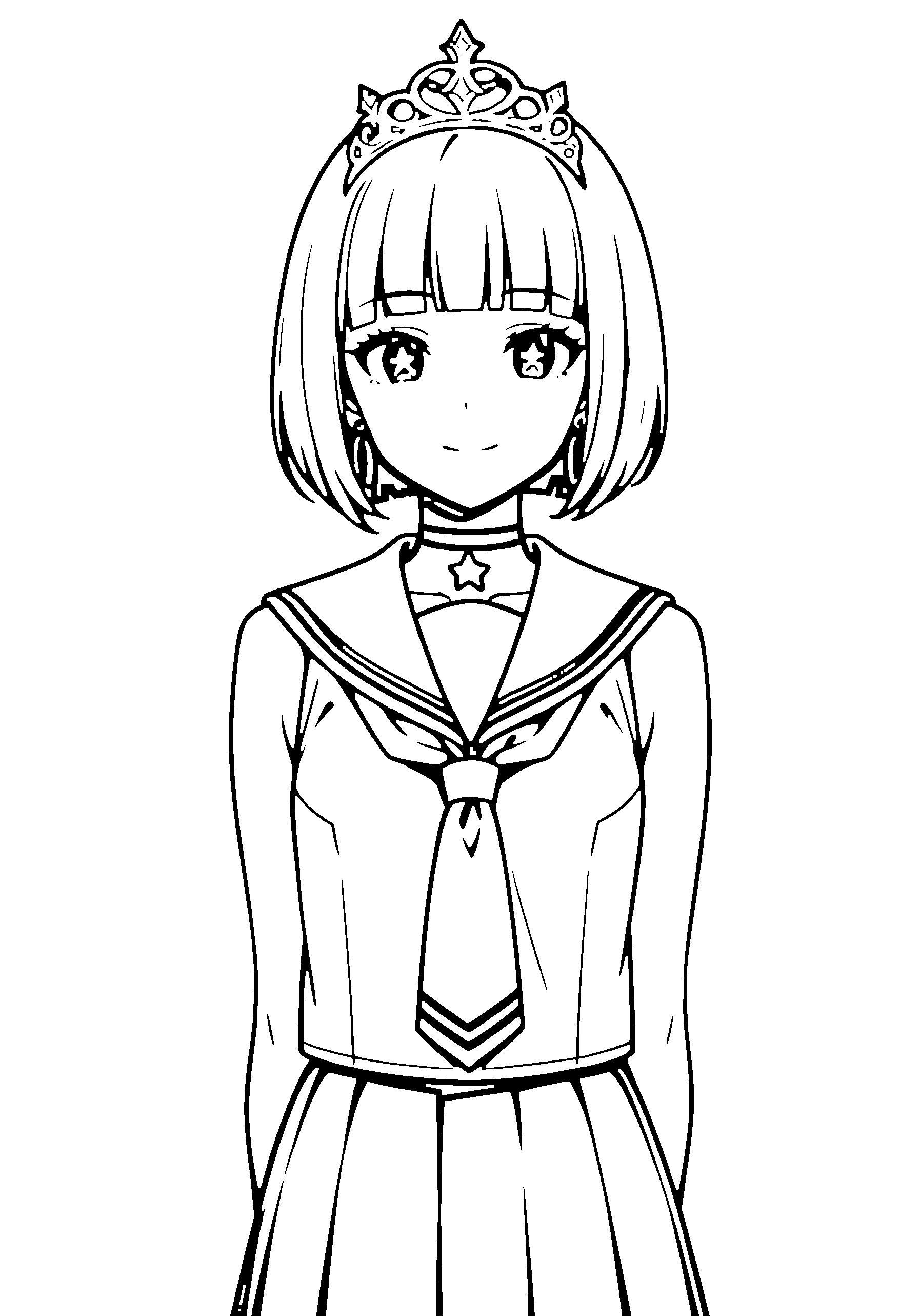 Black and white line art coloring page of an anime girl with bob cut, school uniform, tiara, choker and smiling