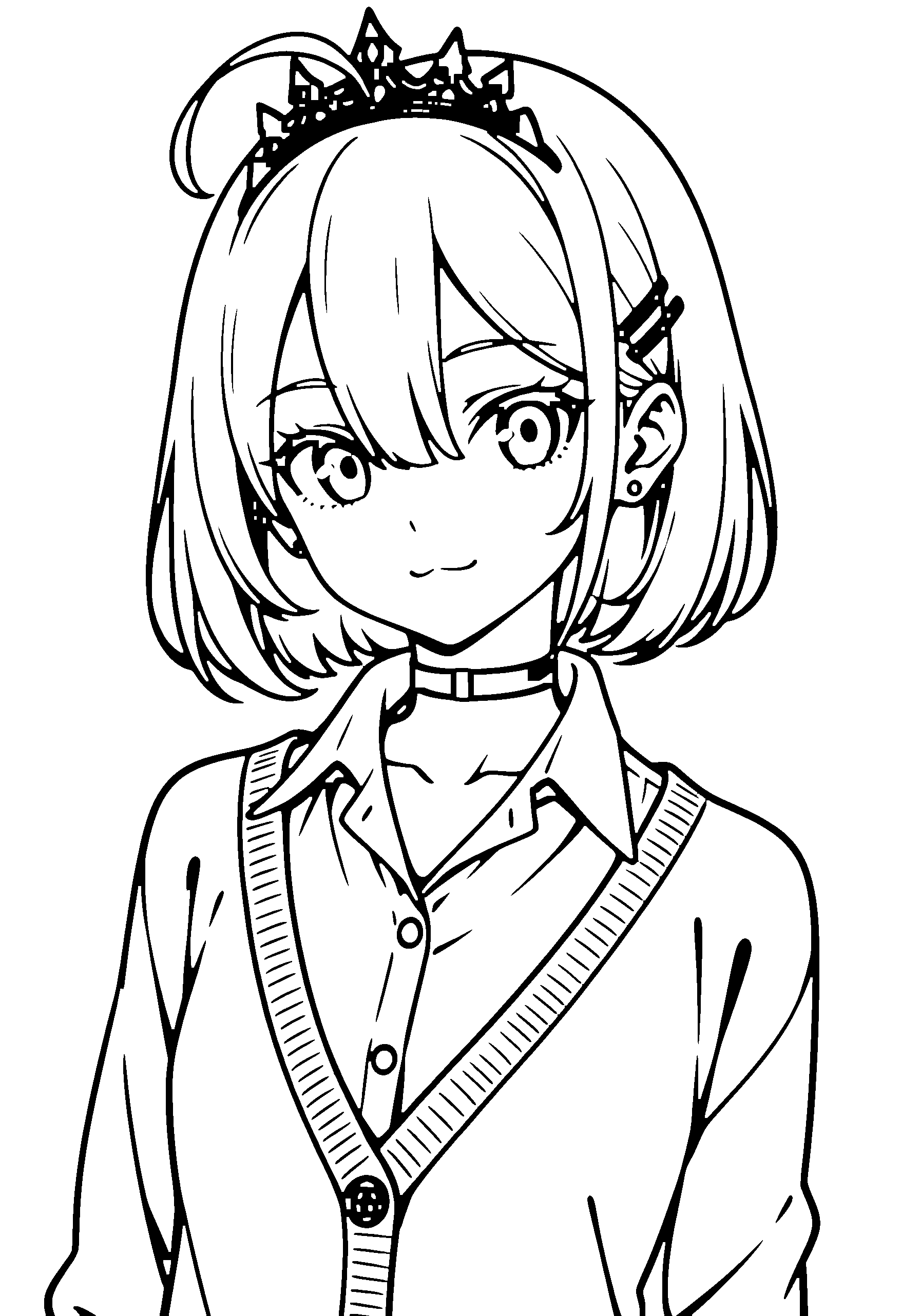 Black and white line art coloring page of an anime girl with bob cut, collared shirt, tiara, choker and smiling