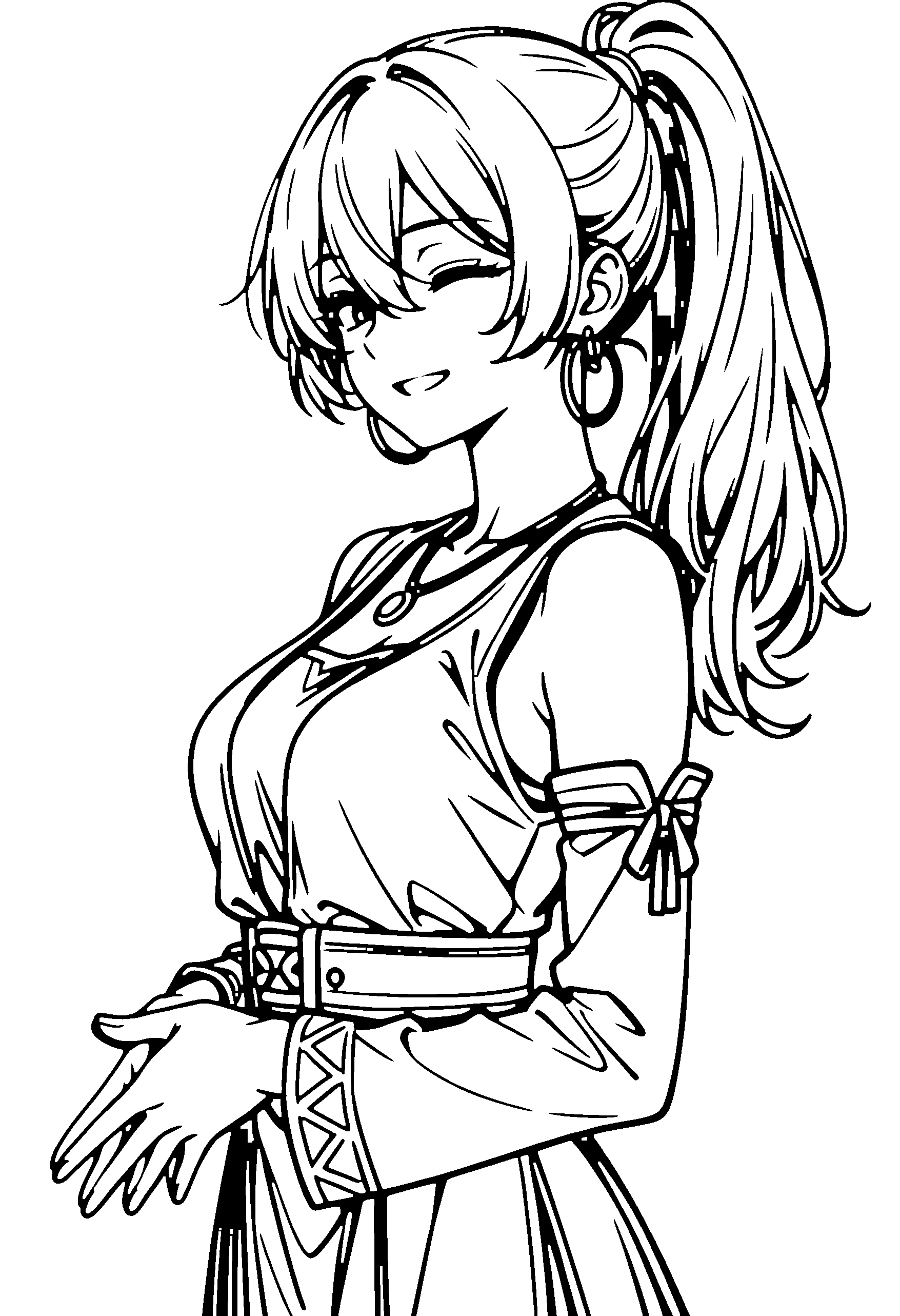 Black and white line art coloring page of an anime girl with long hair, ponytail, vest, necklace and smiling