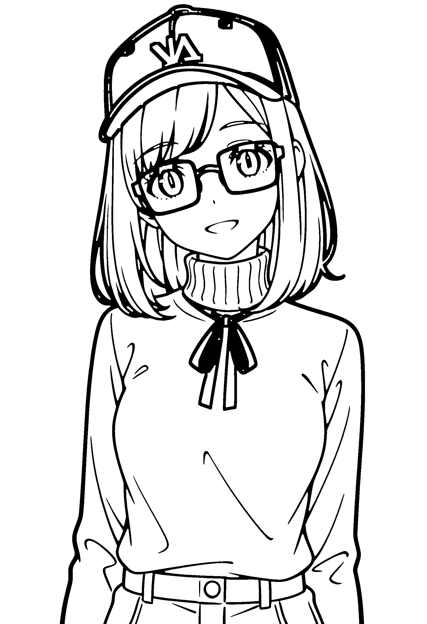 Black and white line art coloring page of an anime girl with medium hair, turtleneck, cap, glasses, ribbon and smiling