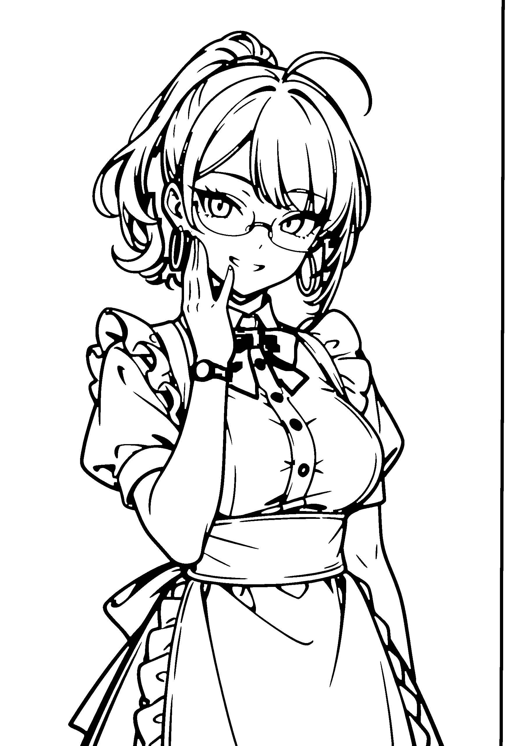 Black and white line art coloring page of an anime girl with maid outfit, medium hair, ponytail, dress, glasses, bow tie and grinning