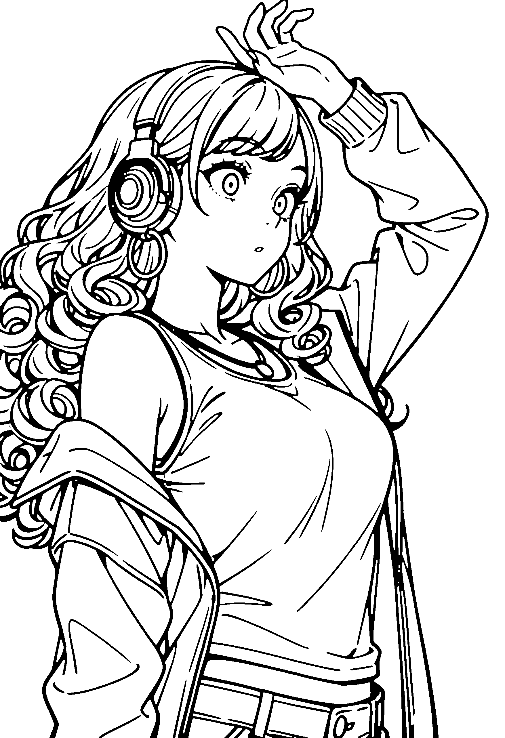 Black and white line art coloring page of an anime girl with long hair, curly hair, jacket, headphones, necklace and surprised