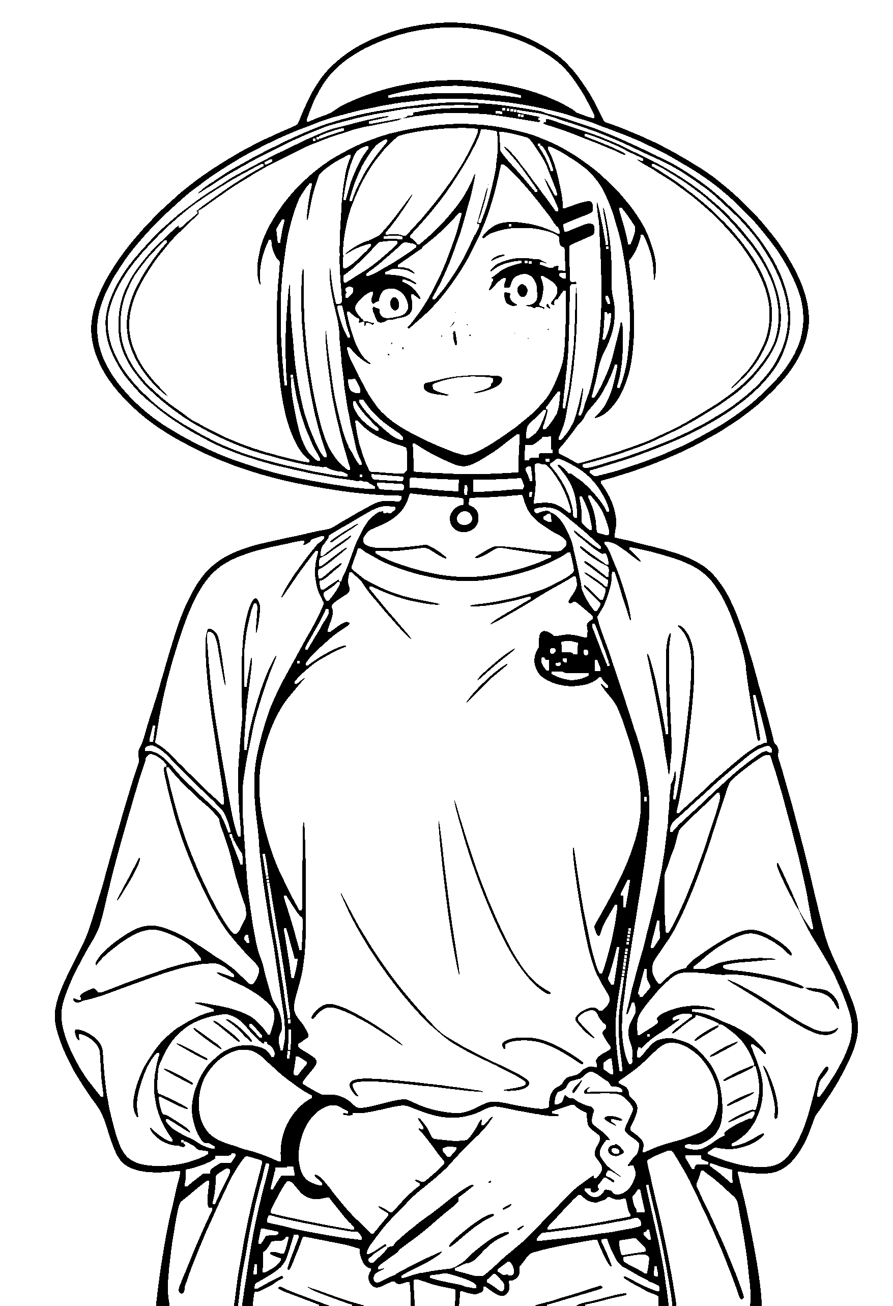 Black and white line art coloring page of an anime girl with bob cut, ponytail, jacket, sun hat, choker and grinning