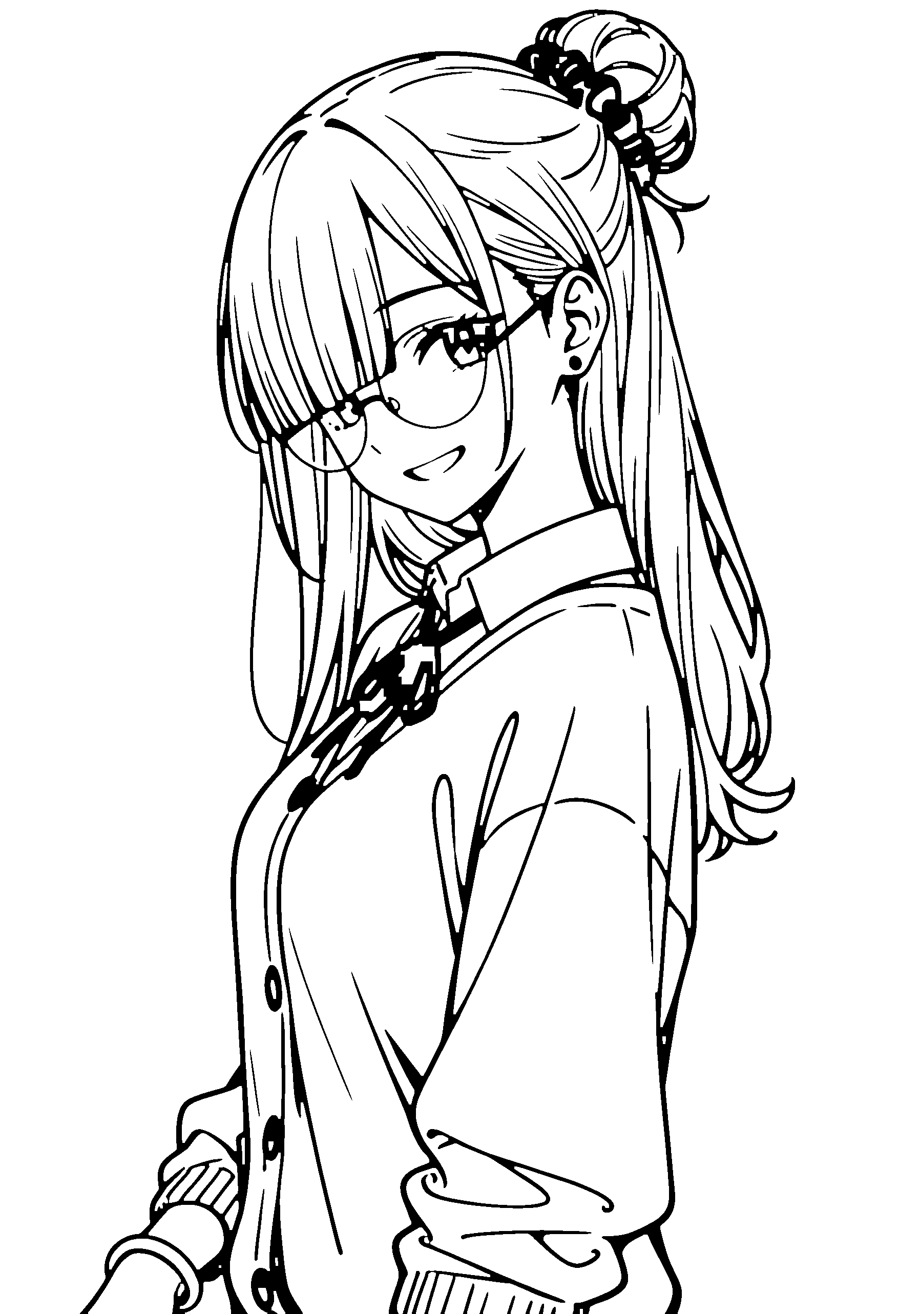 Black and white line art coloring page of an anime girl with long hair, hair bun, cardigan, glasses, ribbon and grinning