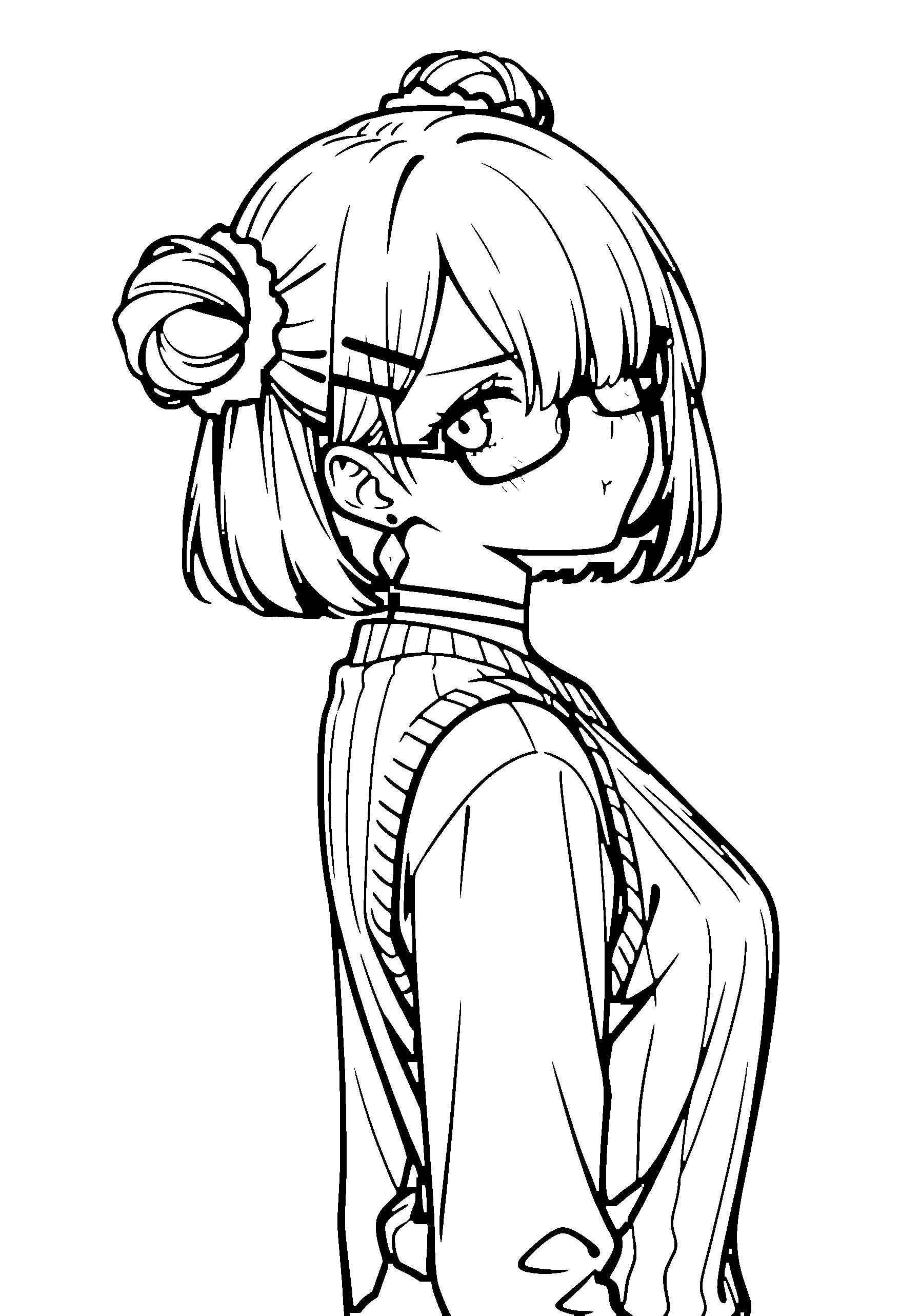 Black and white line art coloring page of an anime girl with bob cut, hair bun, sweater vest, glasses, choker and frowning