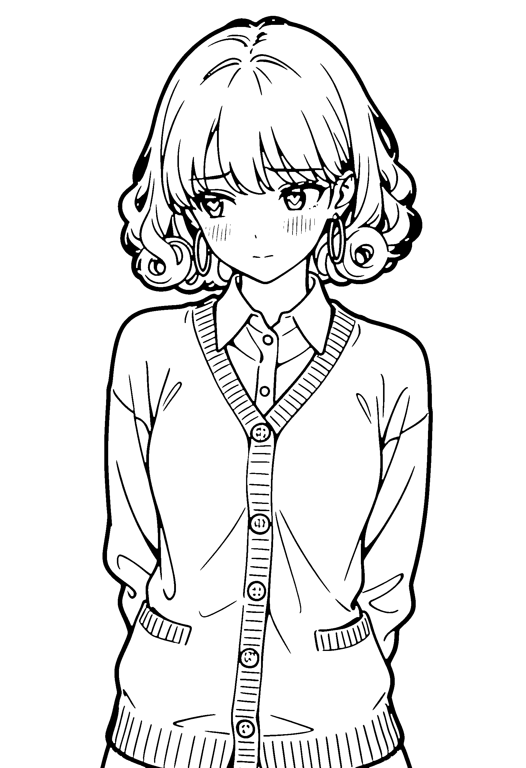 Black and white line art coloring page of an anime girl with medium hair, curly hair, collared shirt and shy