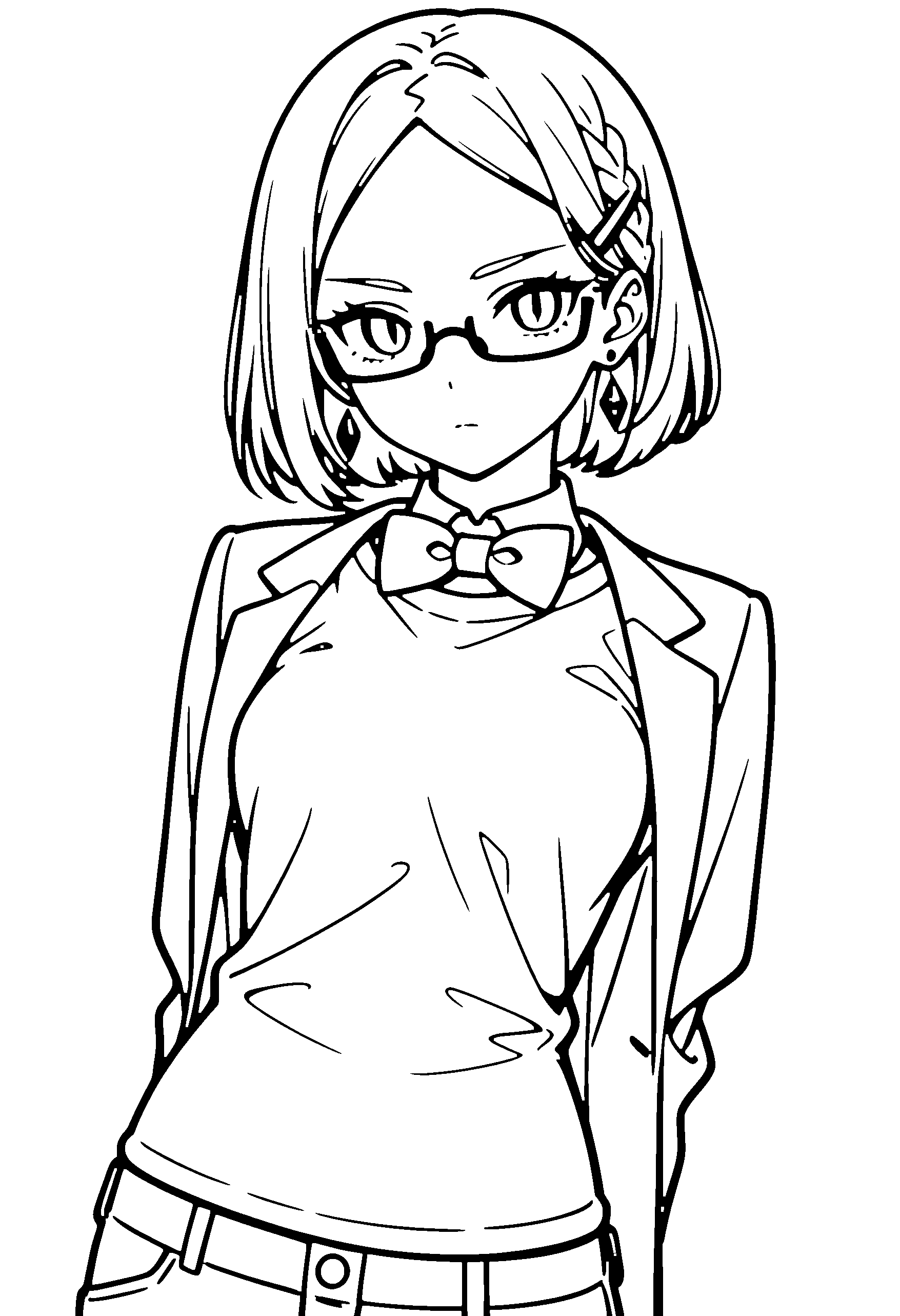 Black and white line art coloring page of an anime girl with bob cut, braid, jacket, glasses, bow tie and serious