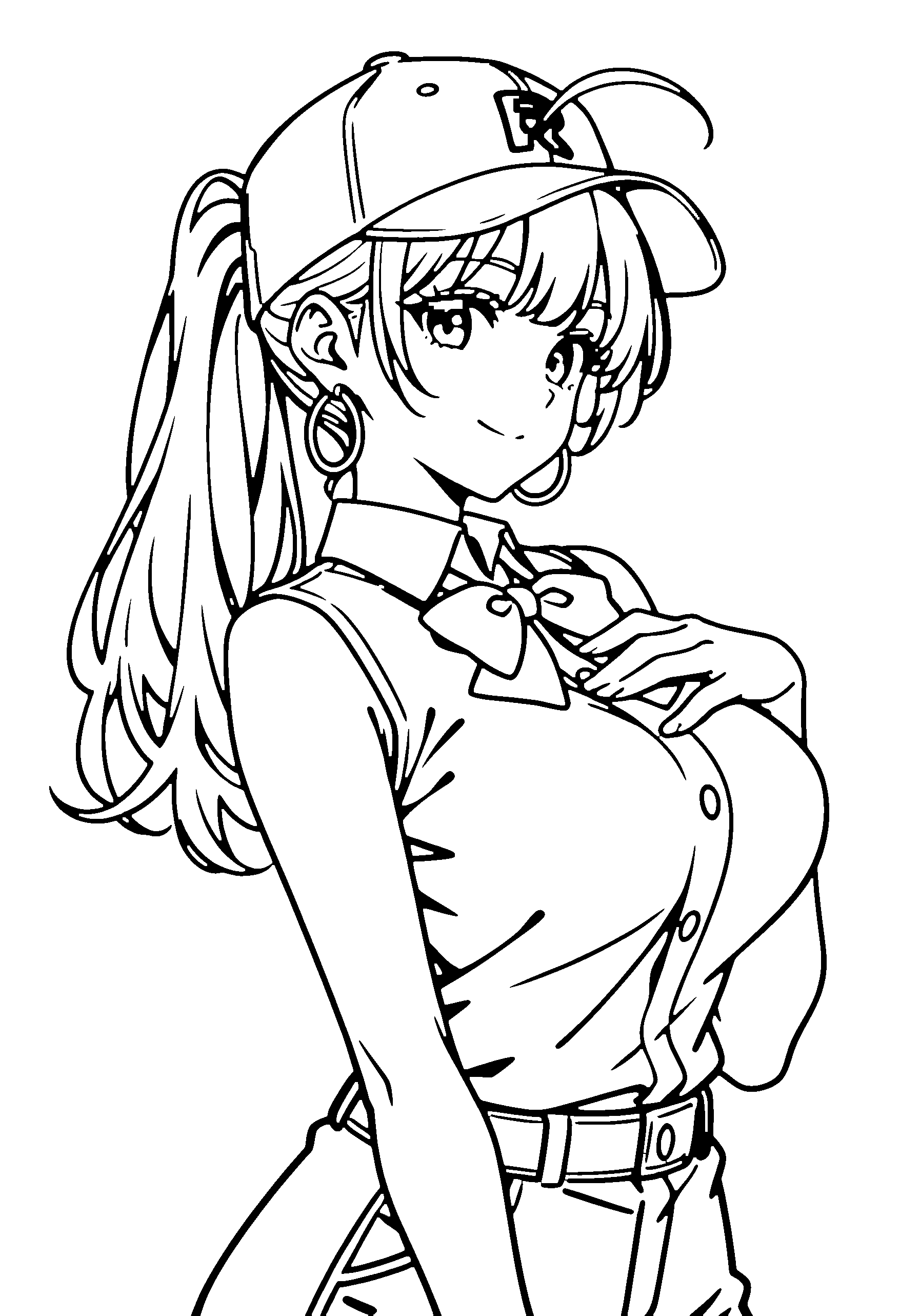 Black and white line art coloring page of an anime girl with long hair, ponytail, collared shirt, cap, bow tie and smiling