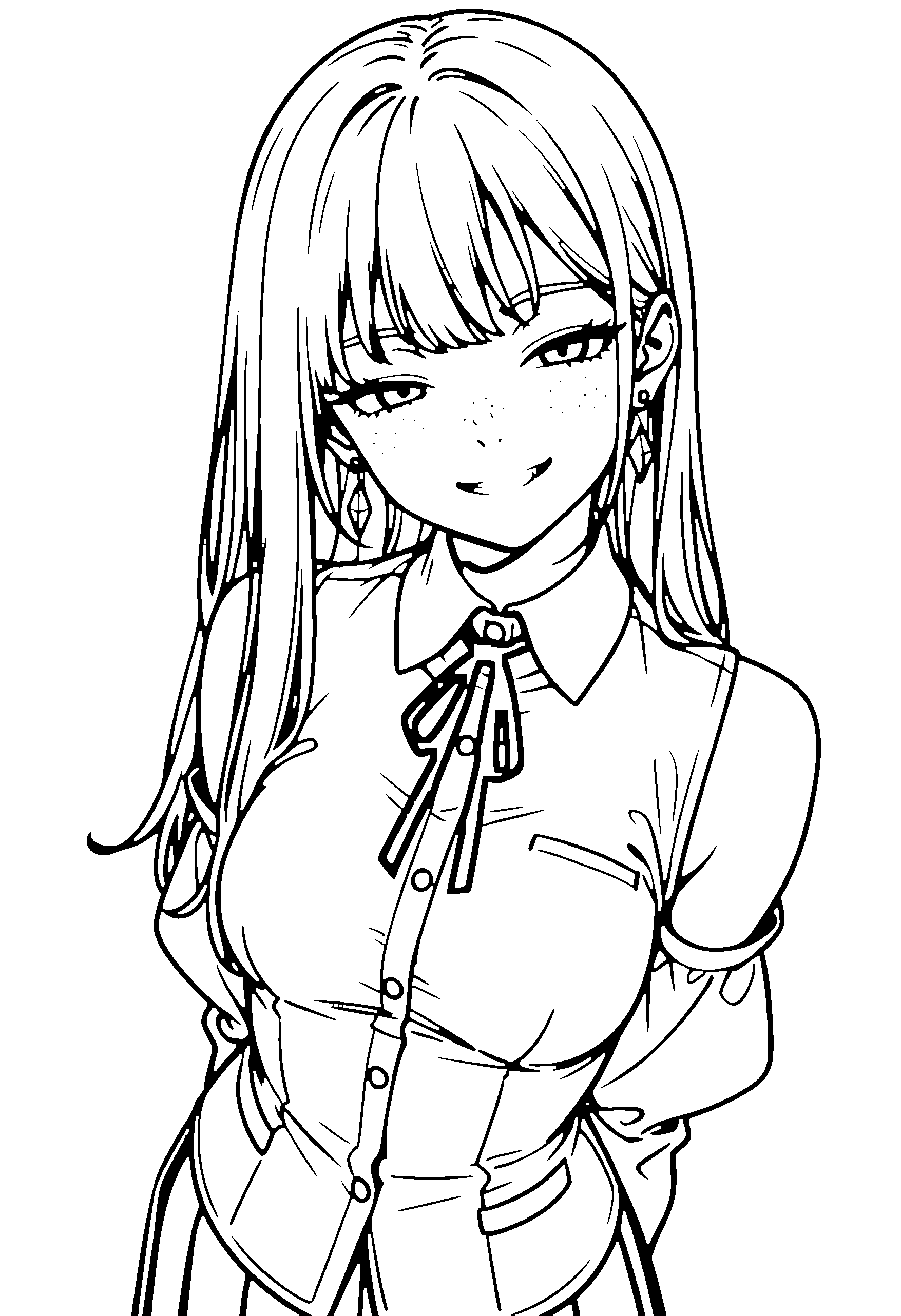 Black and white line art coloring page of an anime girl with long hair, school uniform, ribbon and grinning
