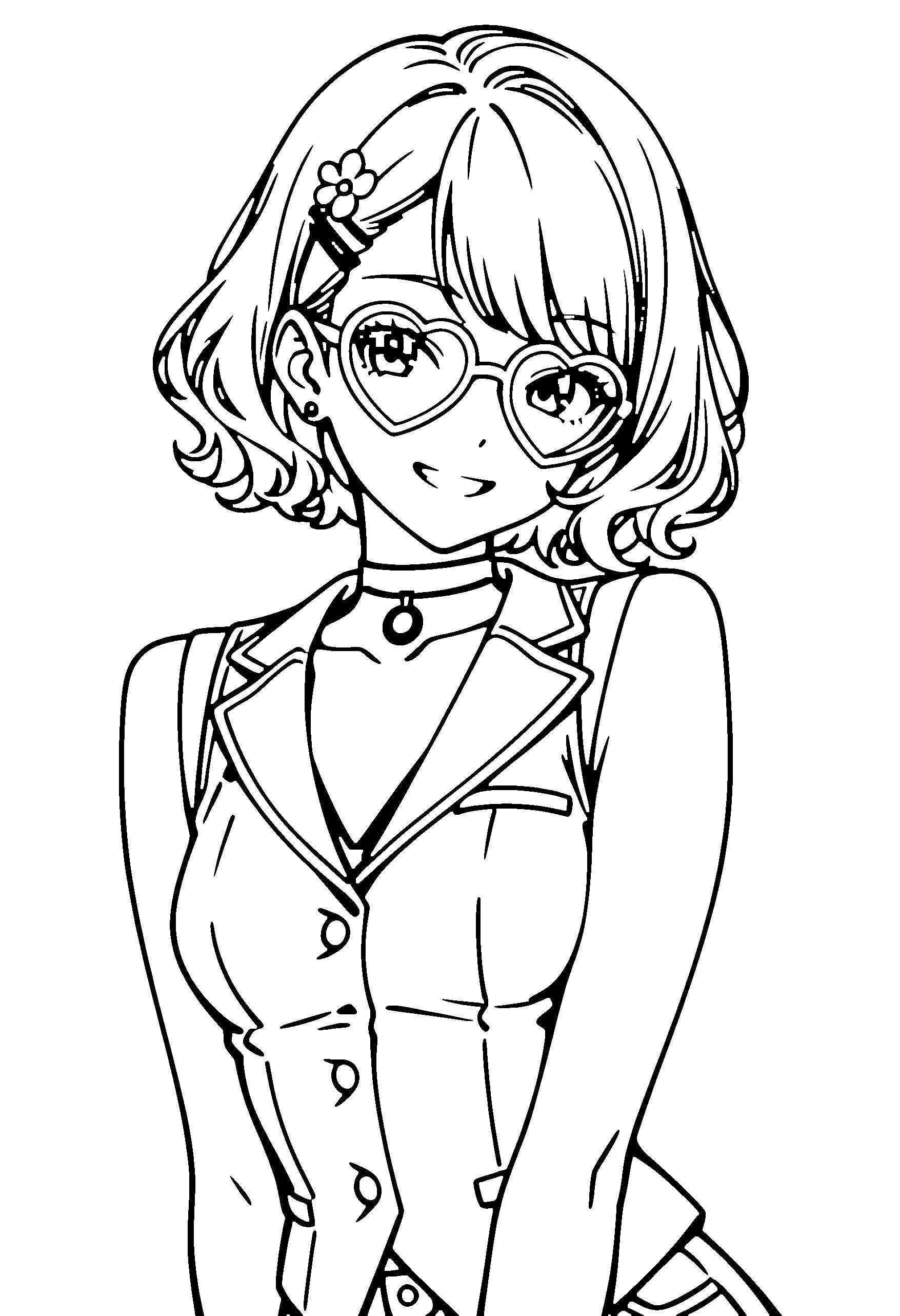 Black and white line art coloring page of an anime girl with bob cut, wavy hair, vest, hair flower, glasses, choker and grinning