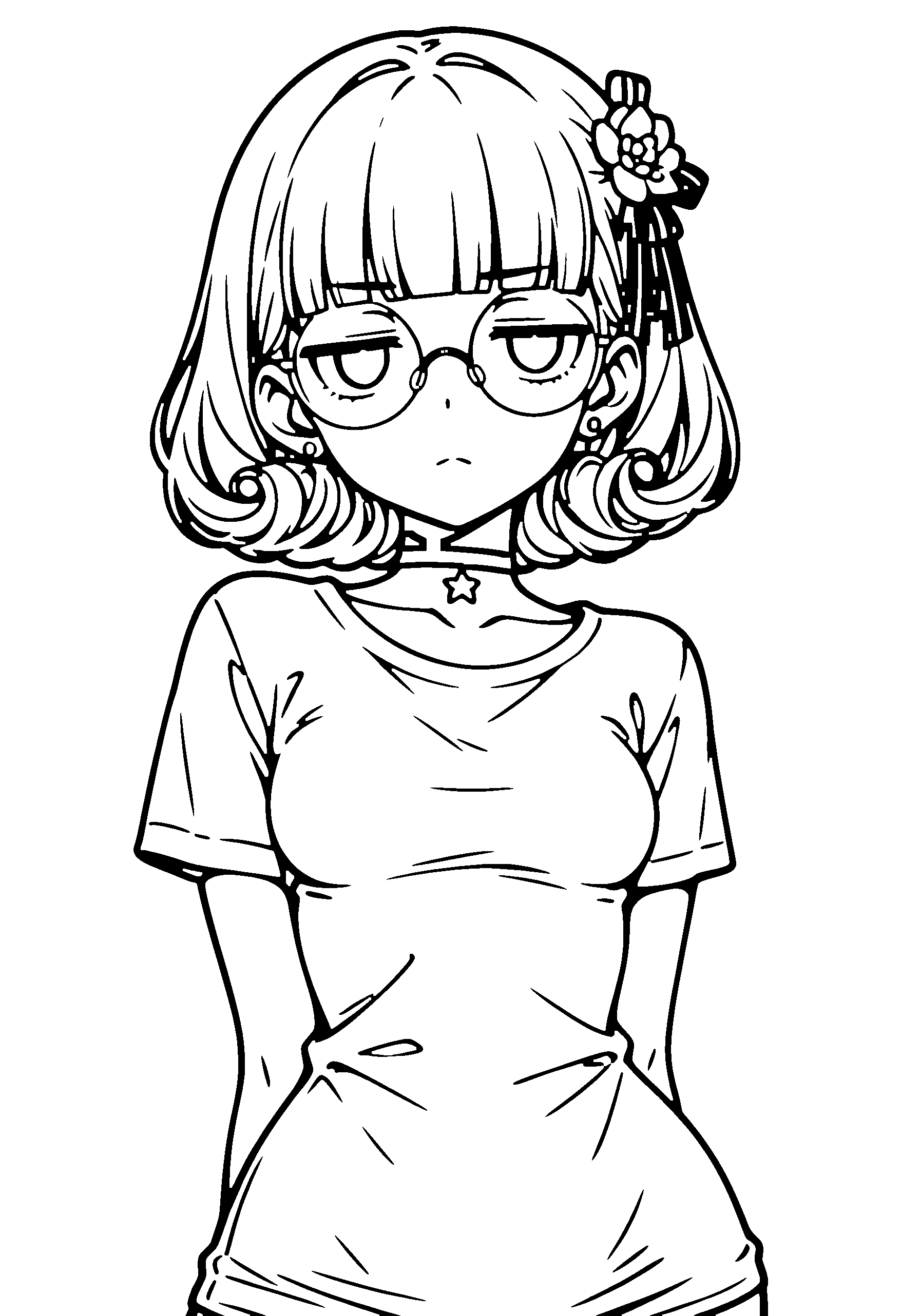 Black and white line art coloring page of an anime girl with bob cut, curly hair, t-shirt, hair flower, glasses, choker and frowning
