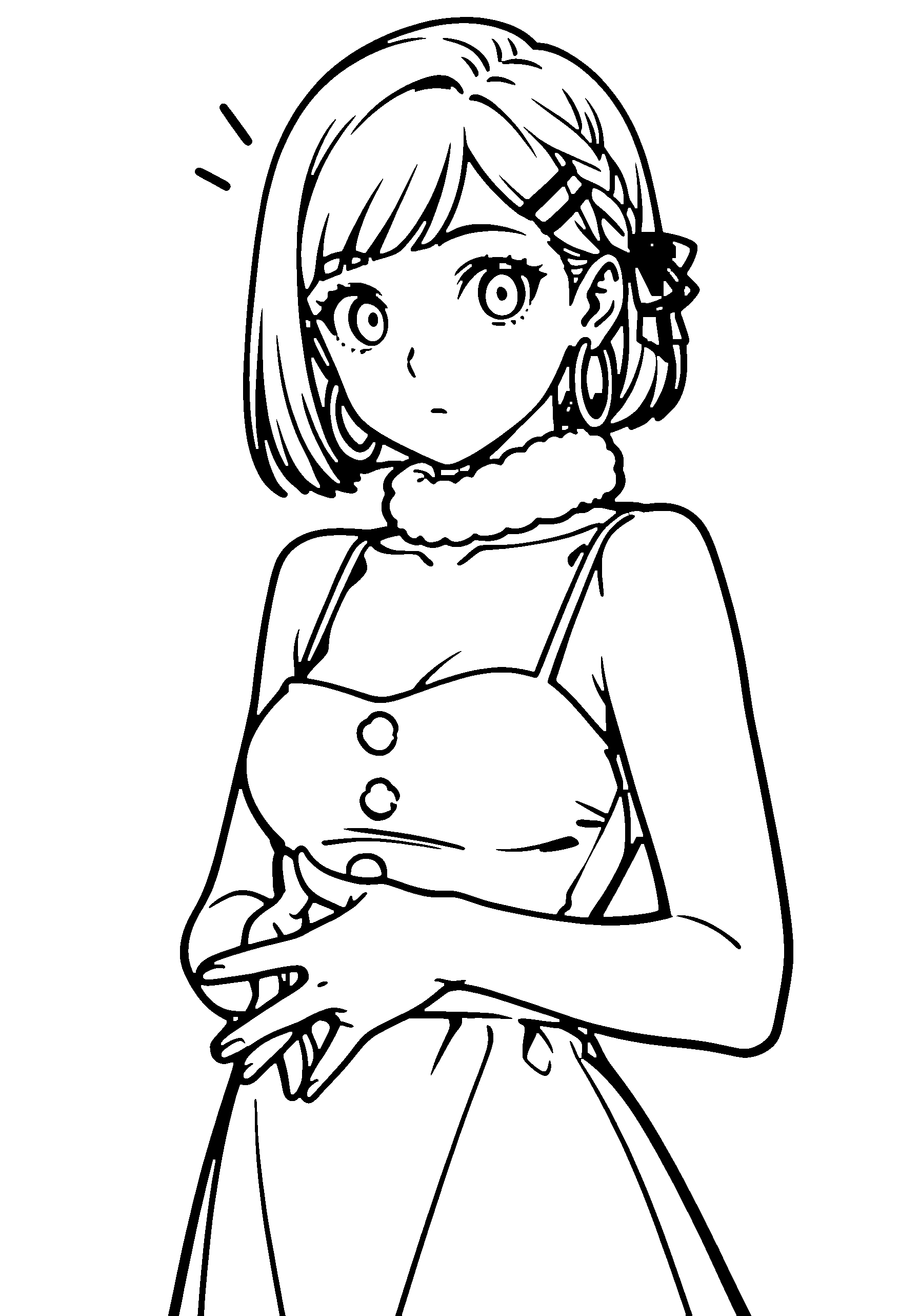 Black and white line art coloring page of an anime girl with santa costume, bob cut, braid and surprised