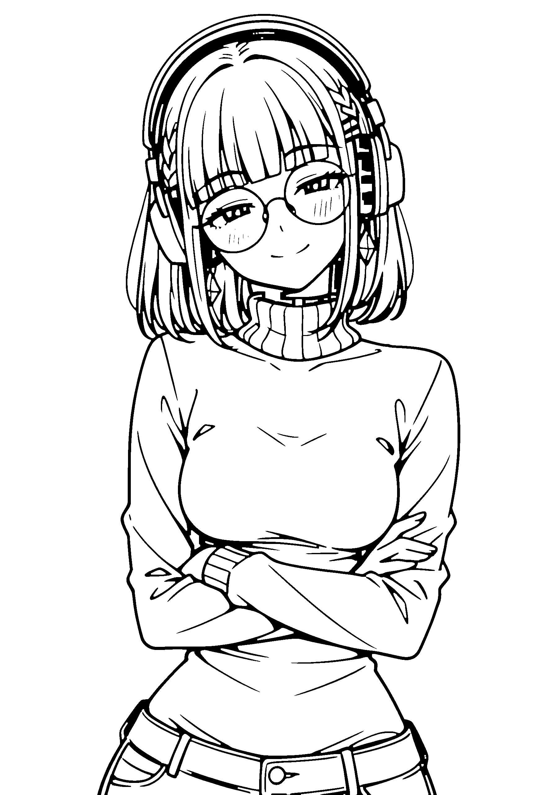 Black and white line art coloring page of an anime girl with medium hair, braid, turtleneck, headphones, glasses, choker and smiling