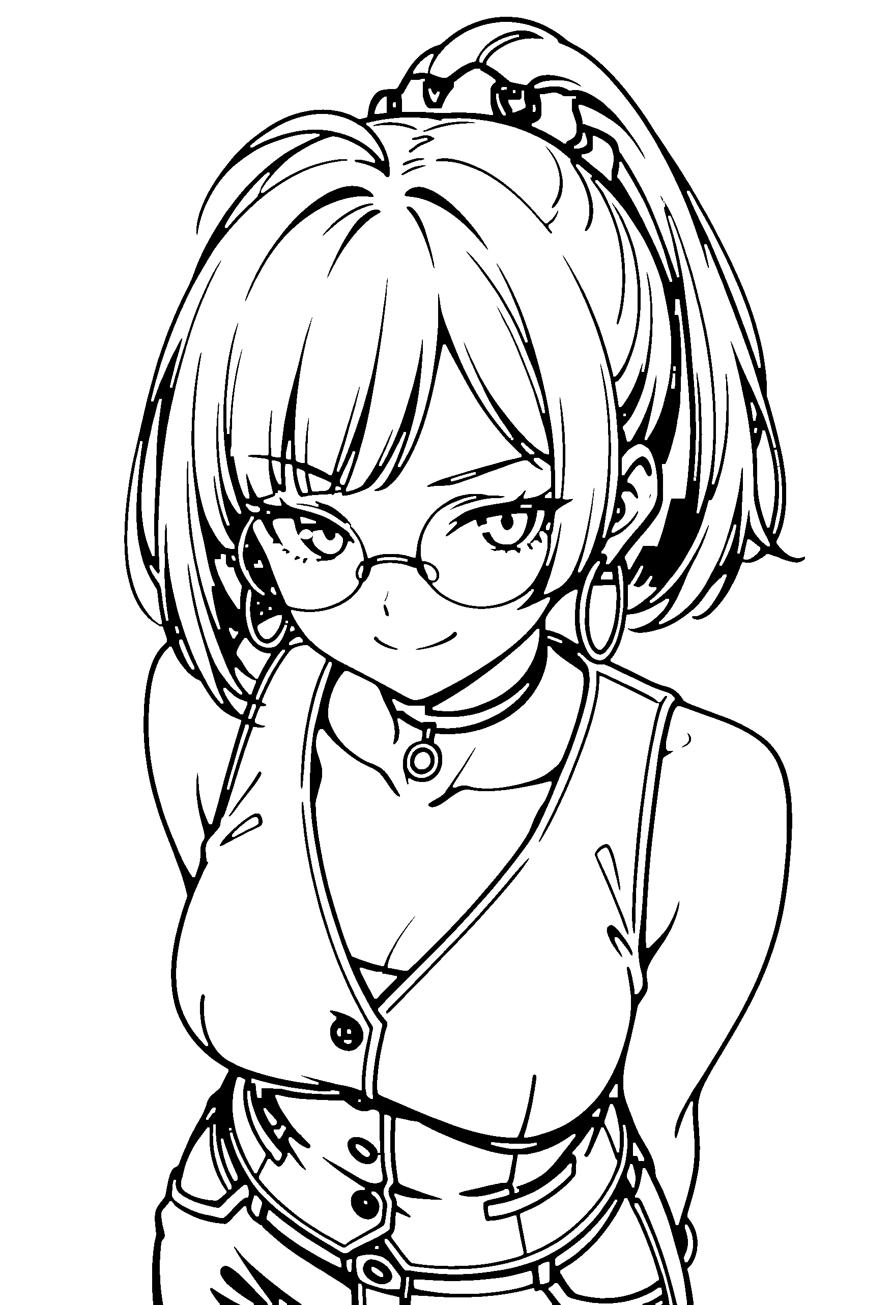Black and white line art coloring page of an anime girl with bob cut, ponytail, vest, glasses, choker and smiling