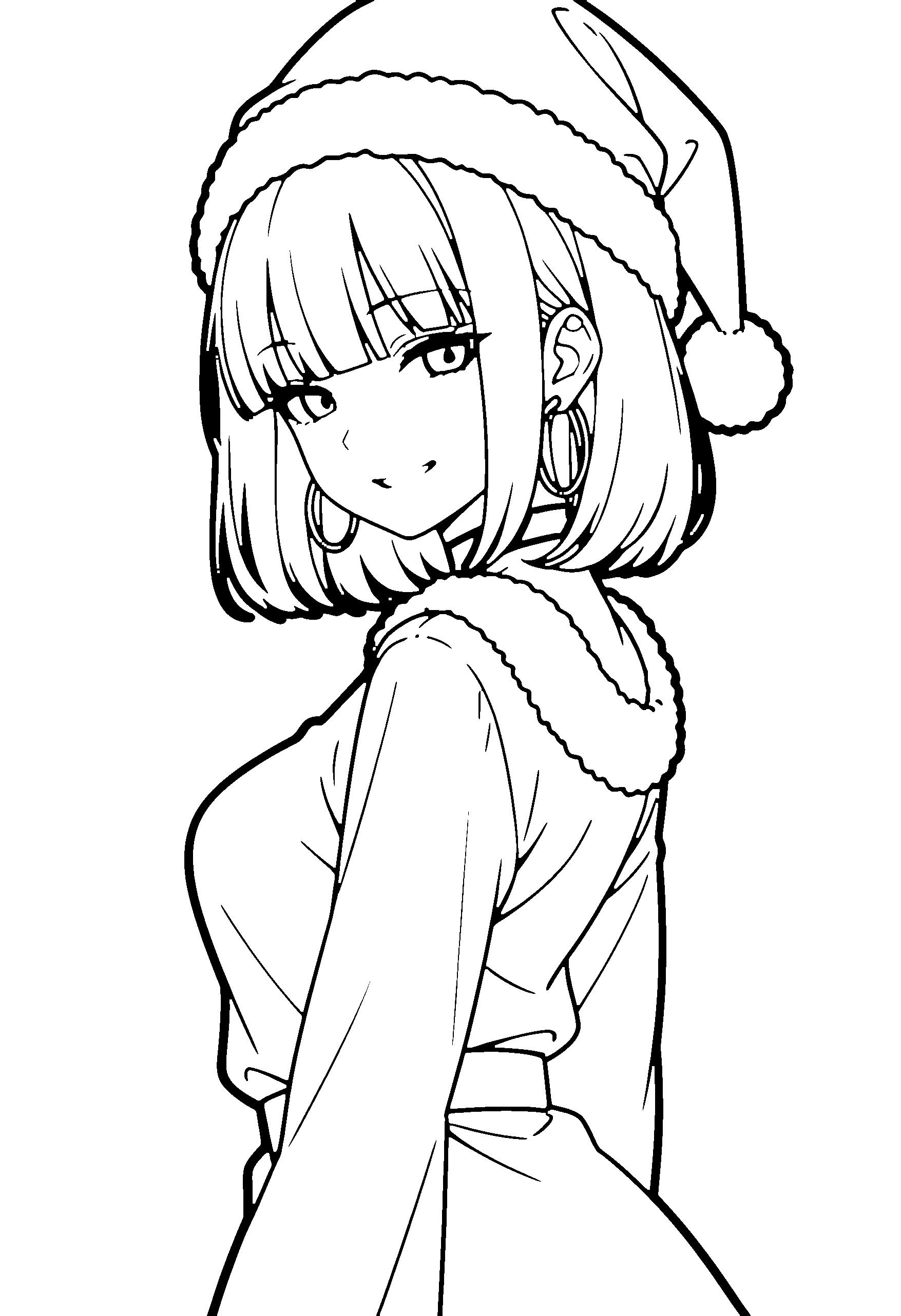 Black and white line art coloring page of an anime girl with santa costume, medium hair, choker and grinning