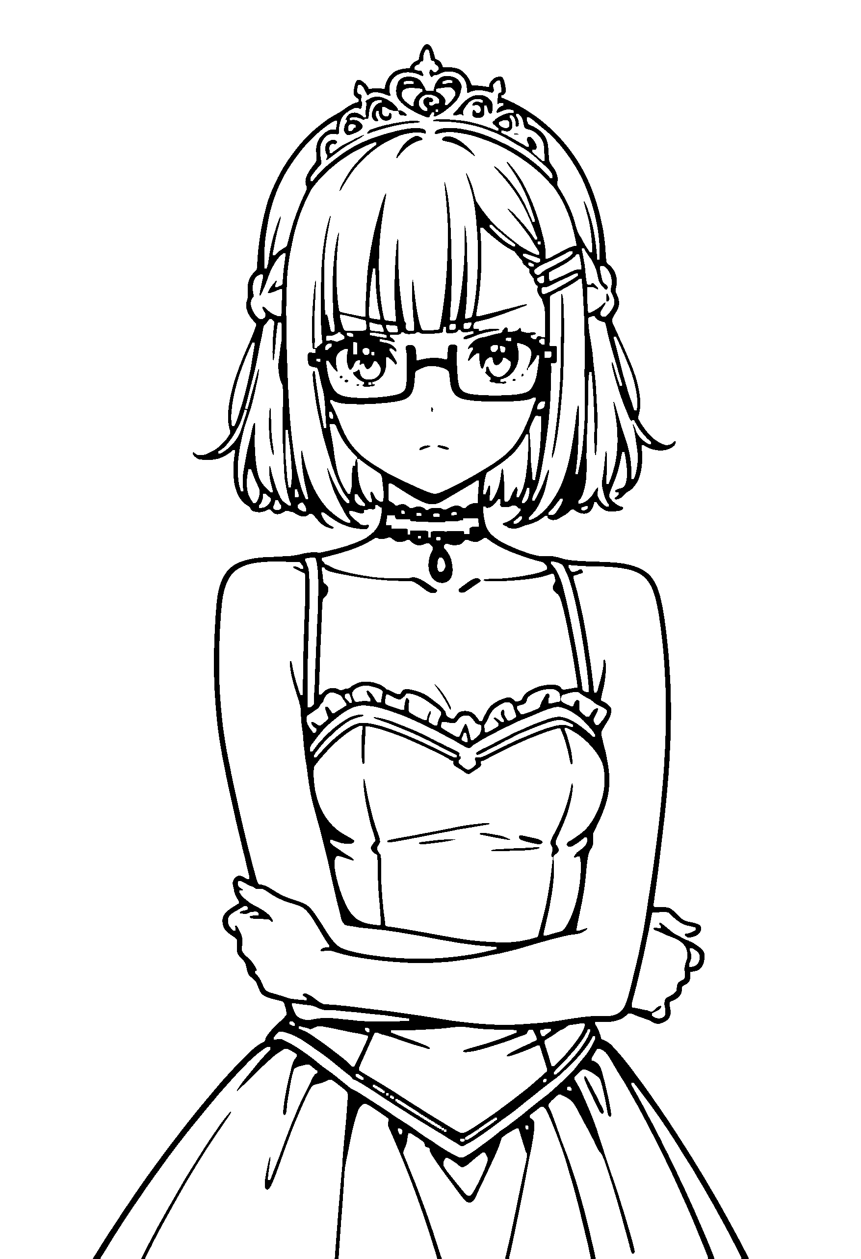 Black and white line art coloring page of an anime girl with princess dress, medium hair, braid, dress, tiara, glasses, choker and frowning