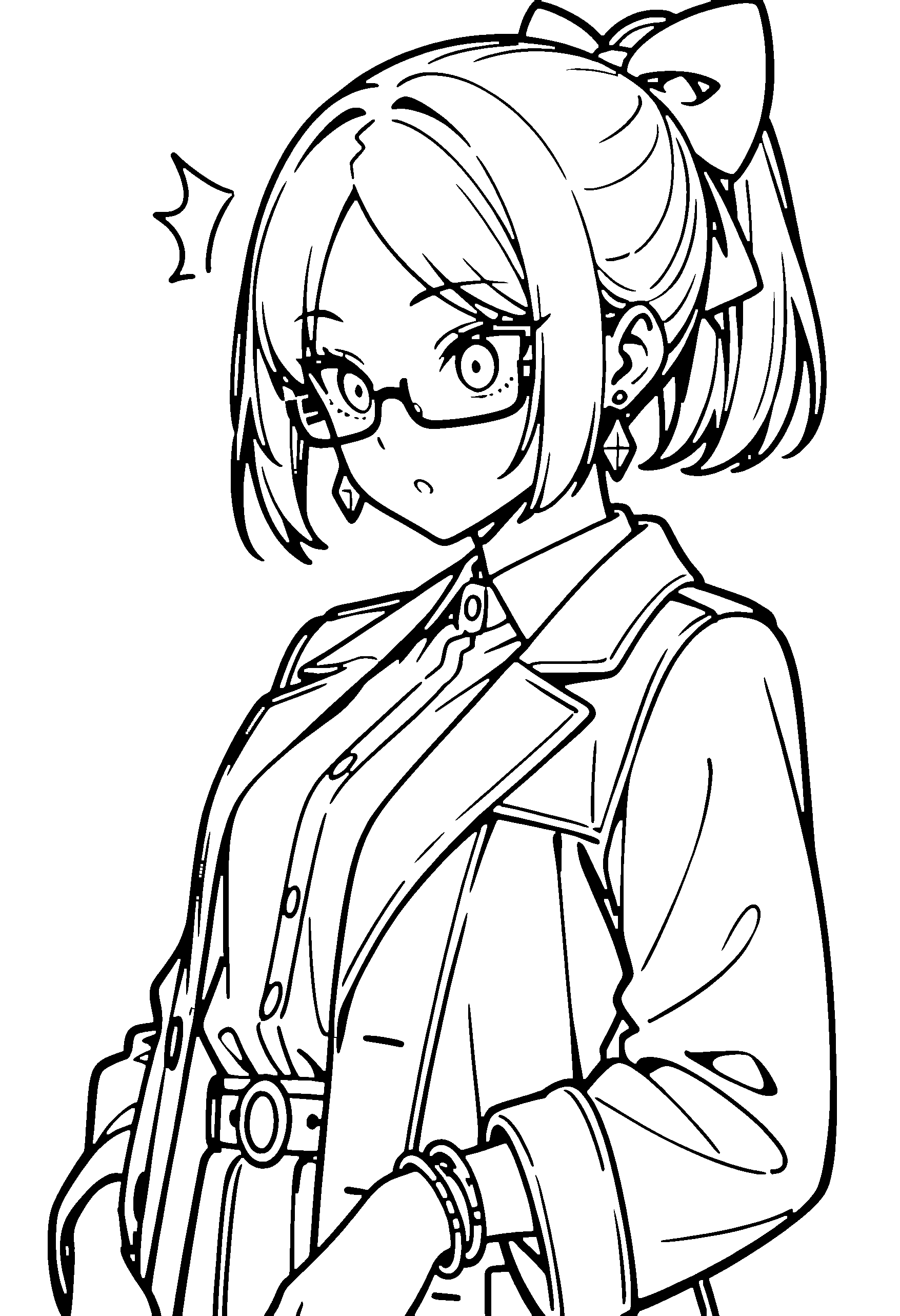 Black and white line art coloring page of an anime girl with bob cut, ponytail, collared shirt, glasses and surprised