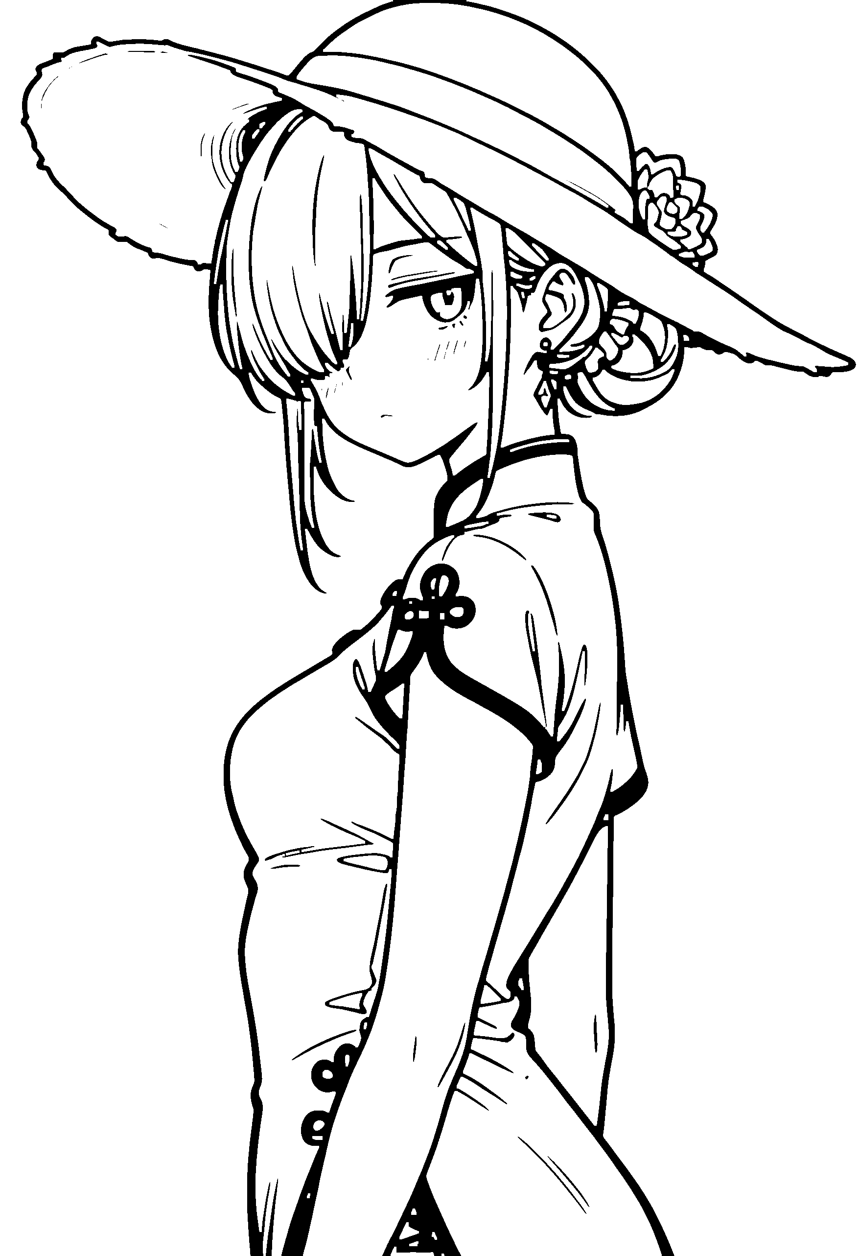 Black and white line art coloring page of an anime girl with medium hair, hair bun, chinese dress, sun hat and frowning