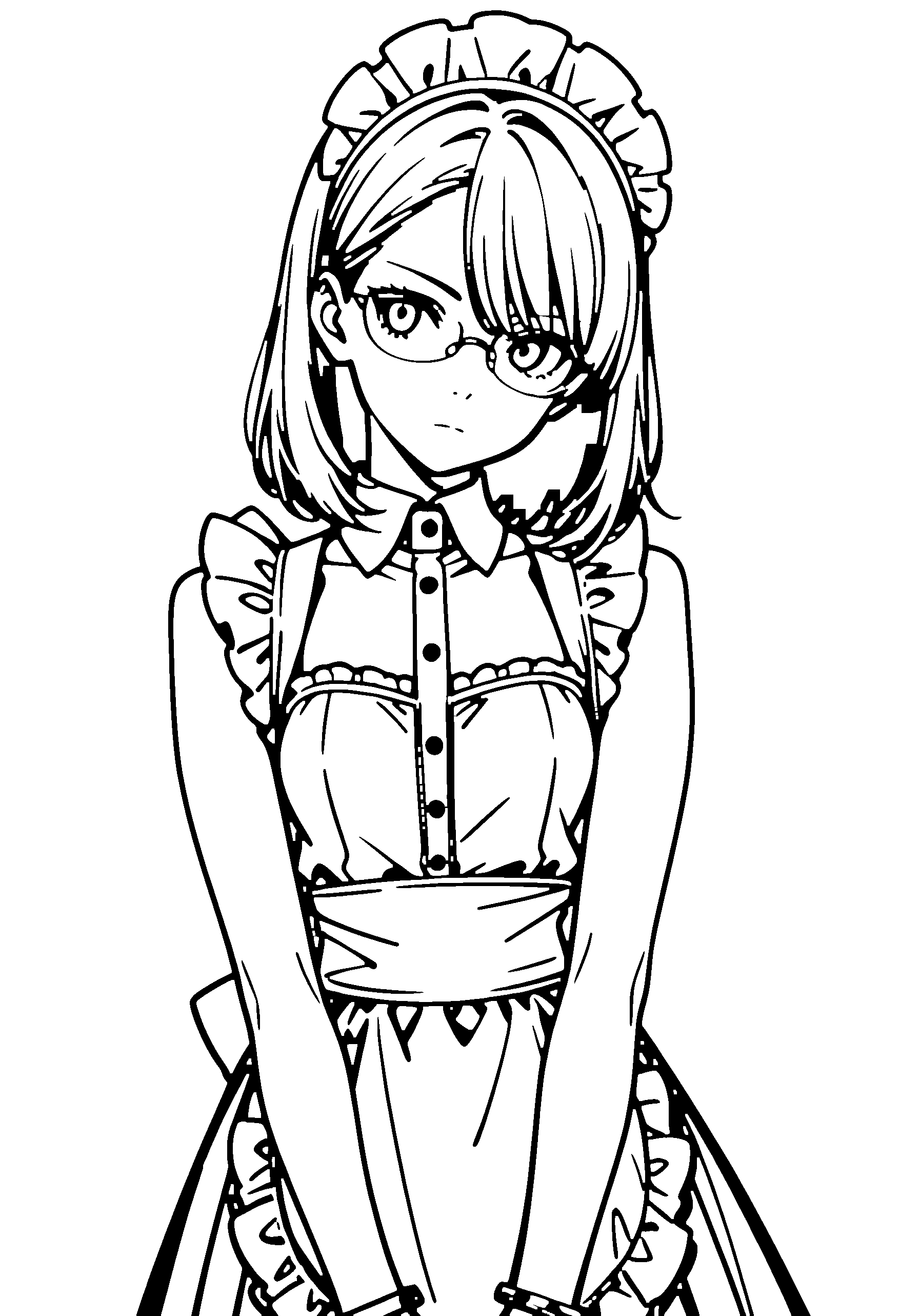 Black and white line art coloring page of an anime girl with maid outfit, medium hair, dress, glasses and serious