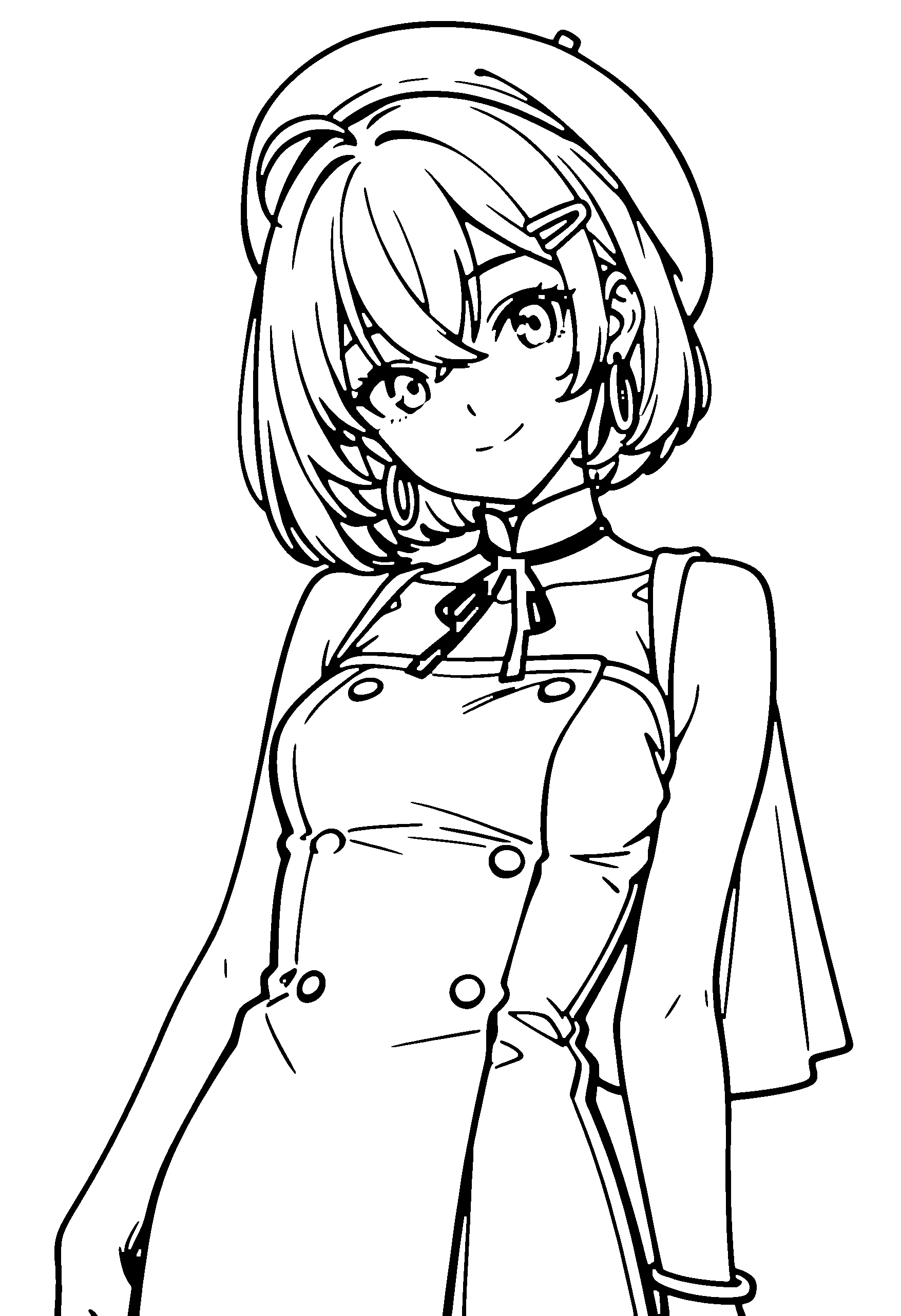 Black and white line art coloring page of an anime girl with bob cut, dress, beret, ribbon and smiling