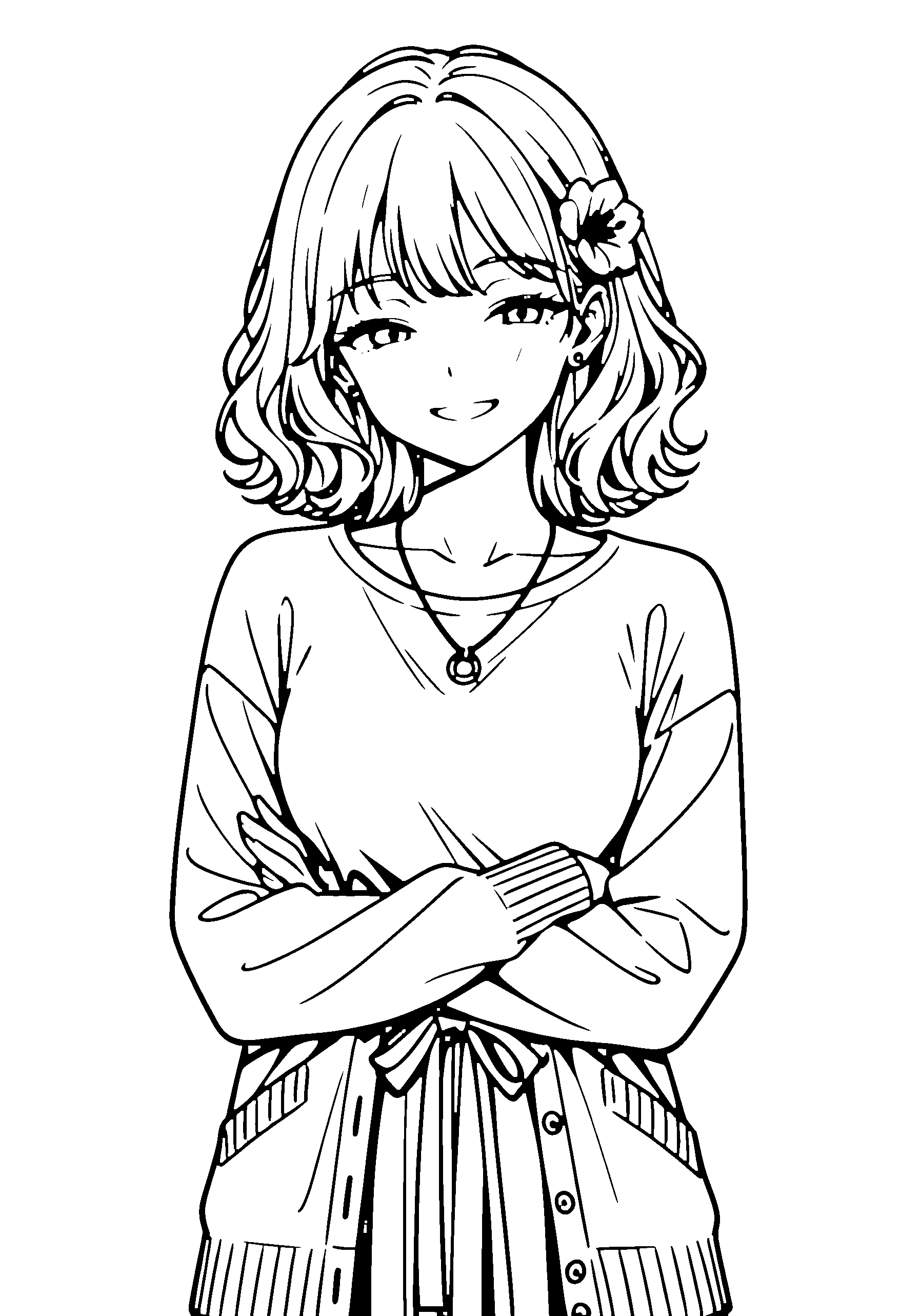 Black and white line art coloring page of an anime girl with medium hair, wavy hair, cardigan, hair flower, necklace and grinning