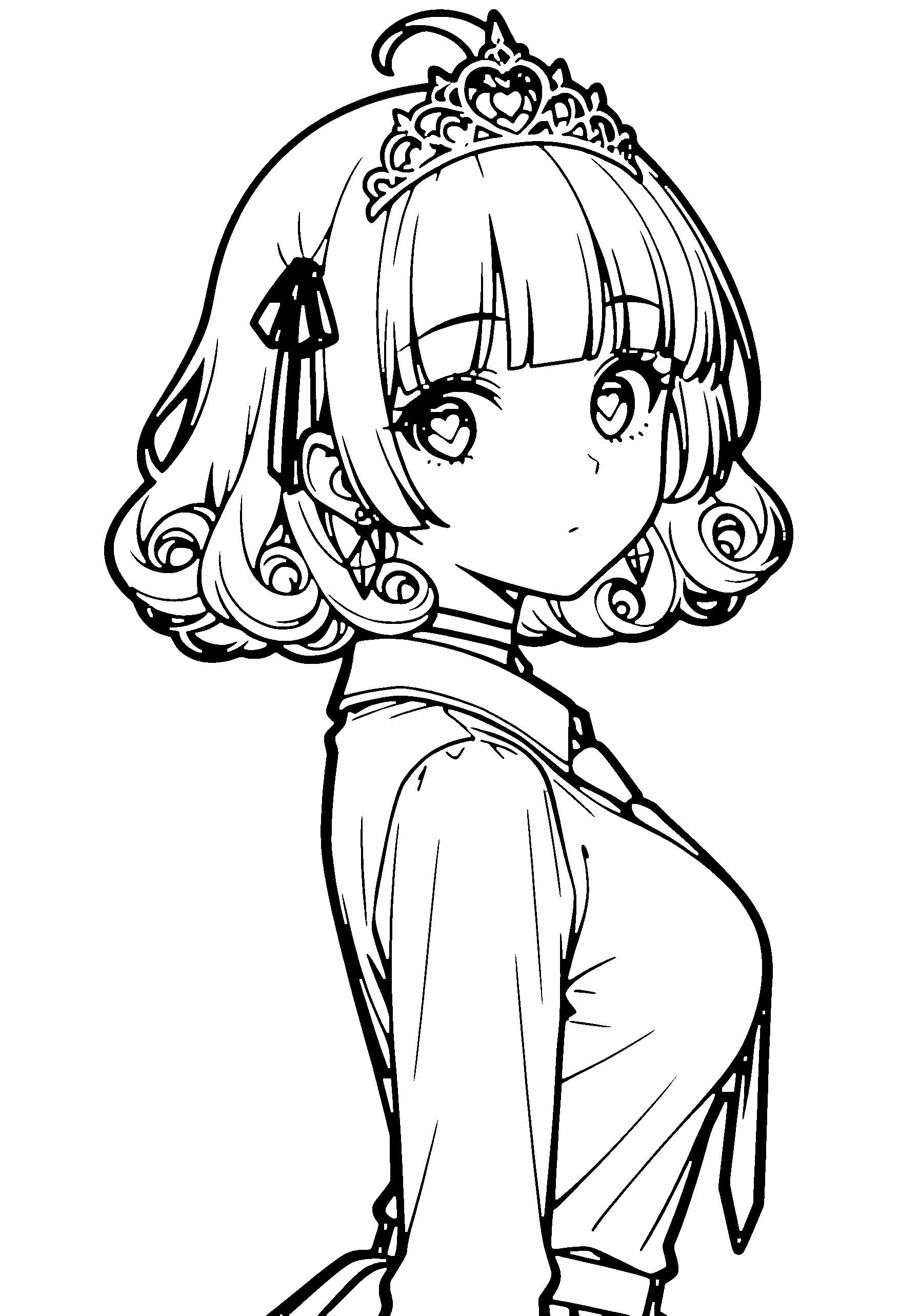 Black and white line art coloring page of an anime girl with bob cut, curly hair, shirt, tiara, choker and surprised