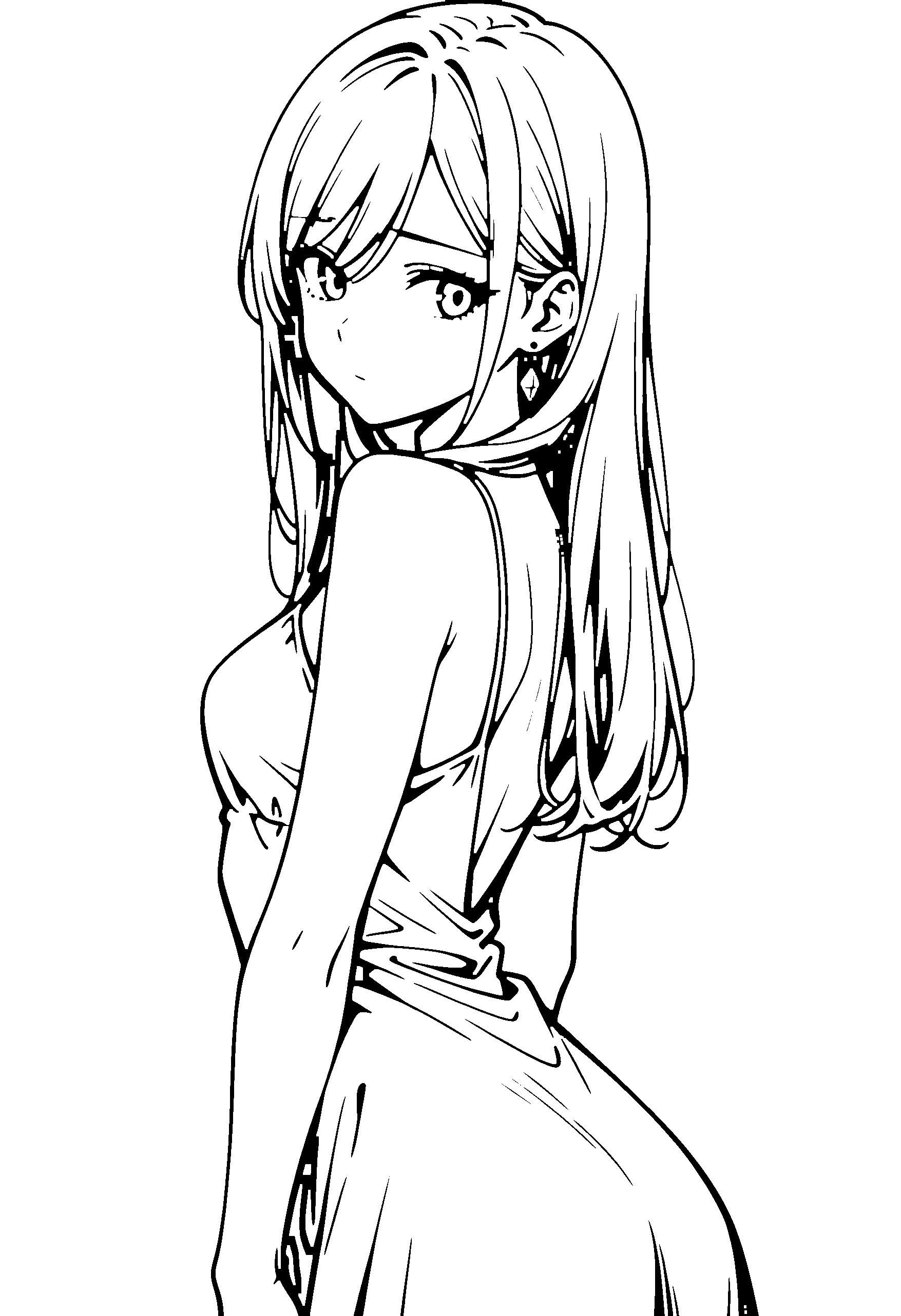 Black and white line art coloring page of an anime girl with long hair, dress and shy