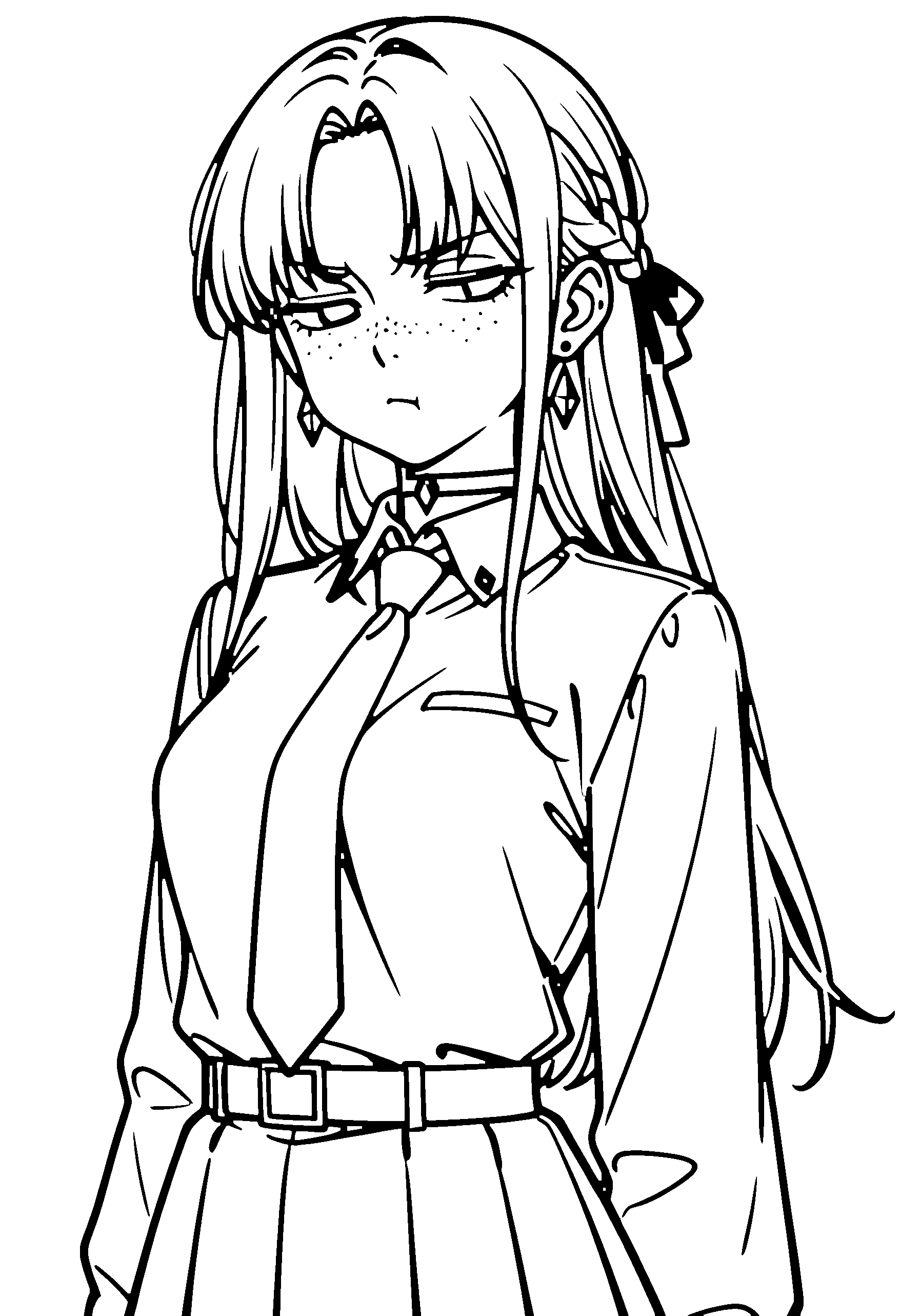 Black and white line art coloring page of an anime girl with long hair, braid, collared shirt, choker and frowning