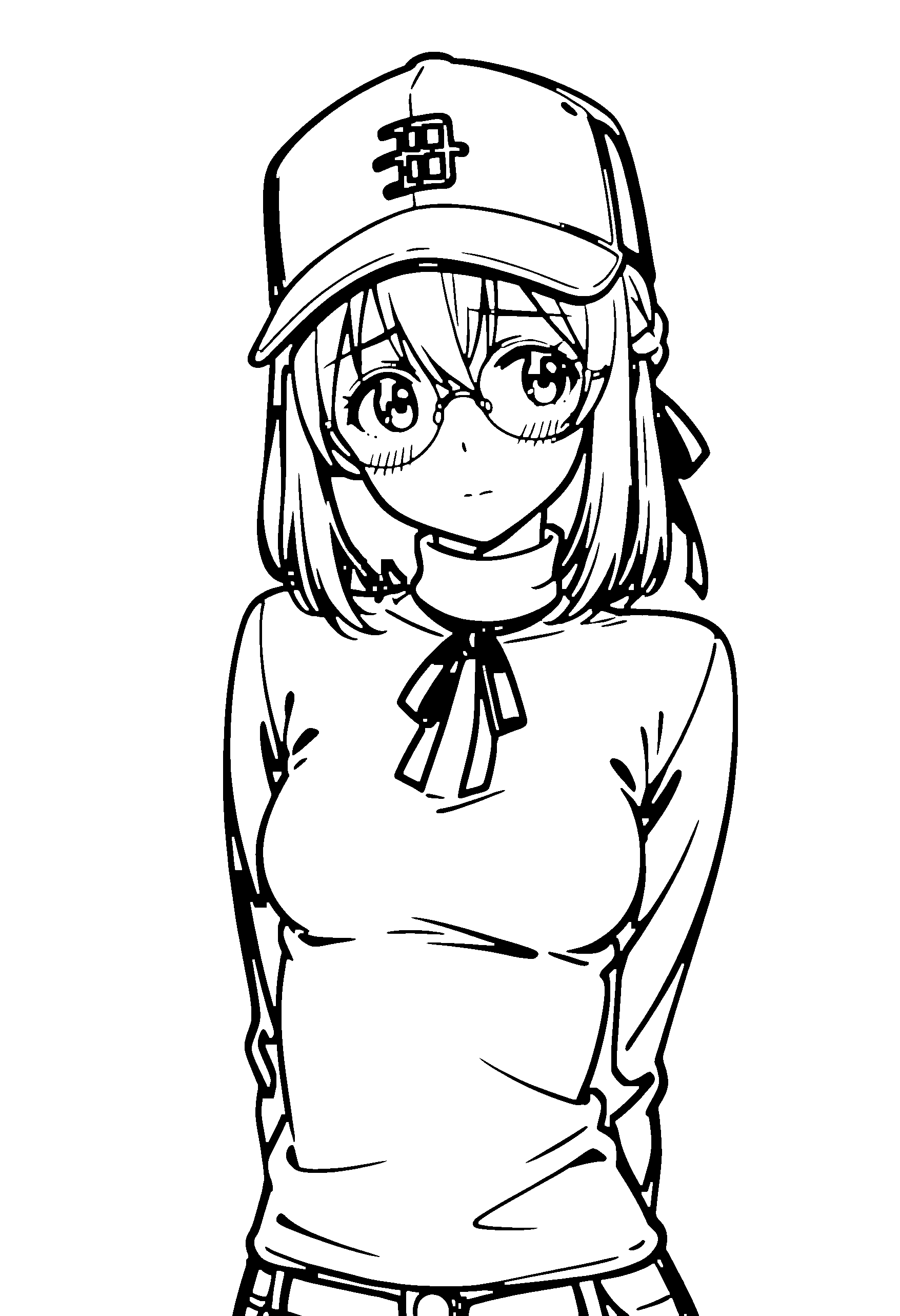 Black and white line art coloring page of an anime girl with medium hair, braid, turtleneck, cap, glasses, ribbon and shy