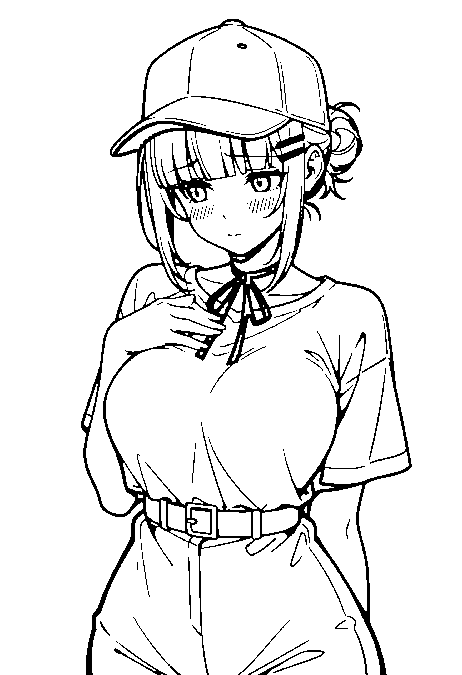 Black and white line art coloring page of an anime girl with medium hair, hair bun, dress, cap, ribbon and shy