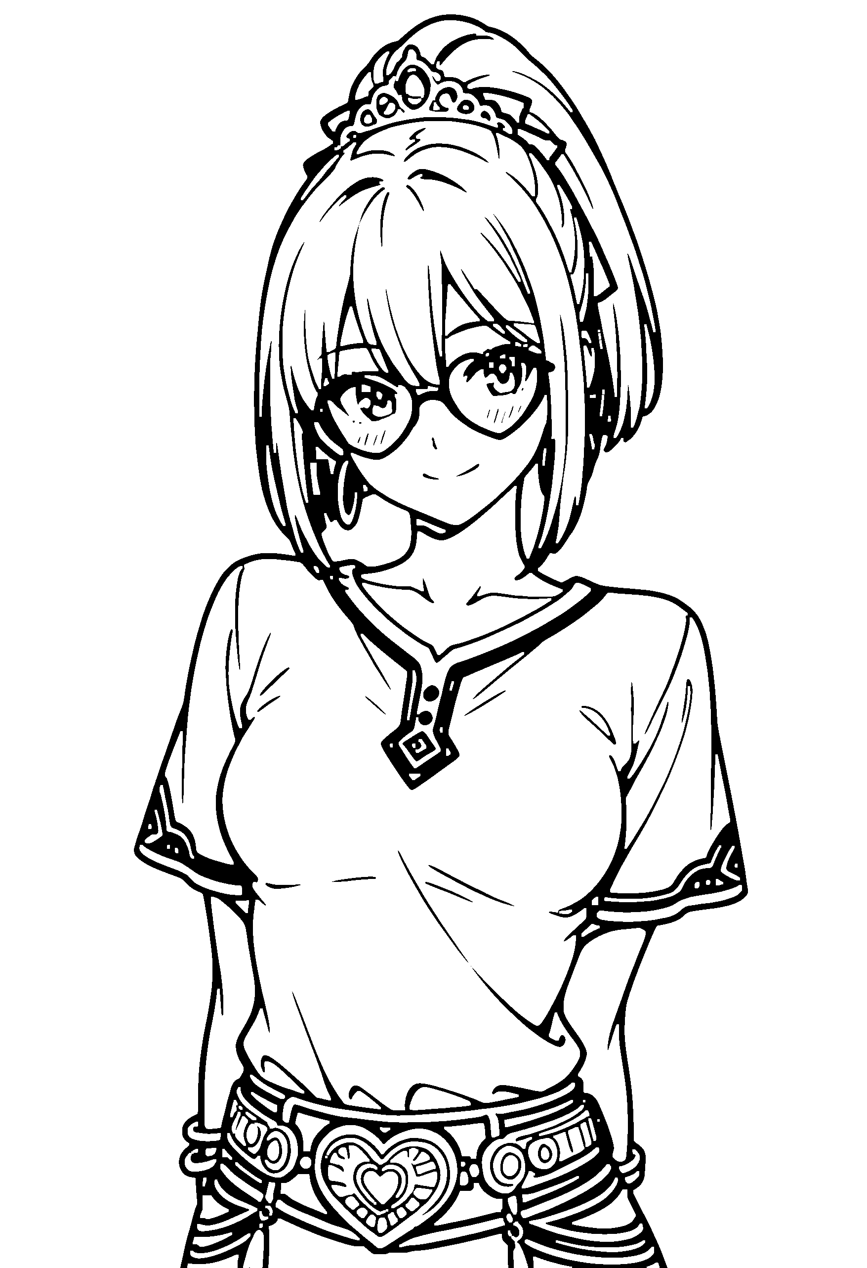 Black and white line art coloring page of an anime girl with bob cut, ponytail, shirt, tiara, glasses and smiling