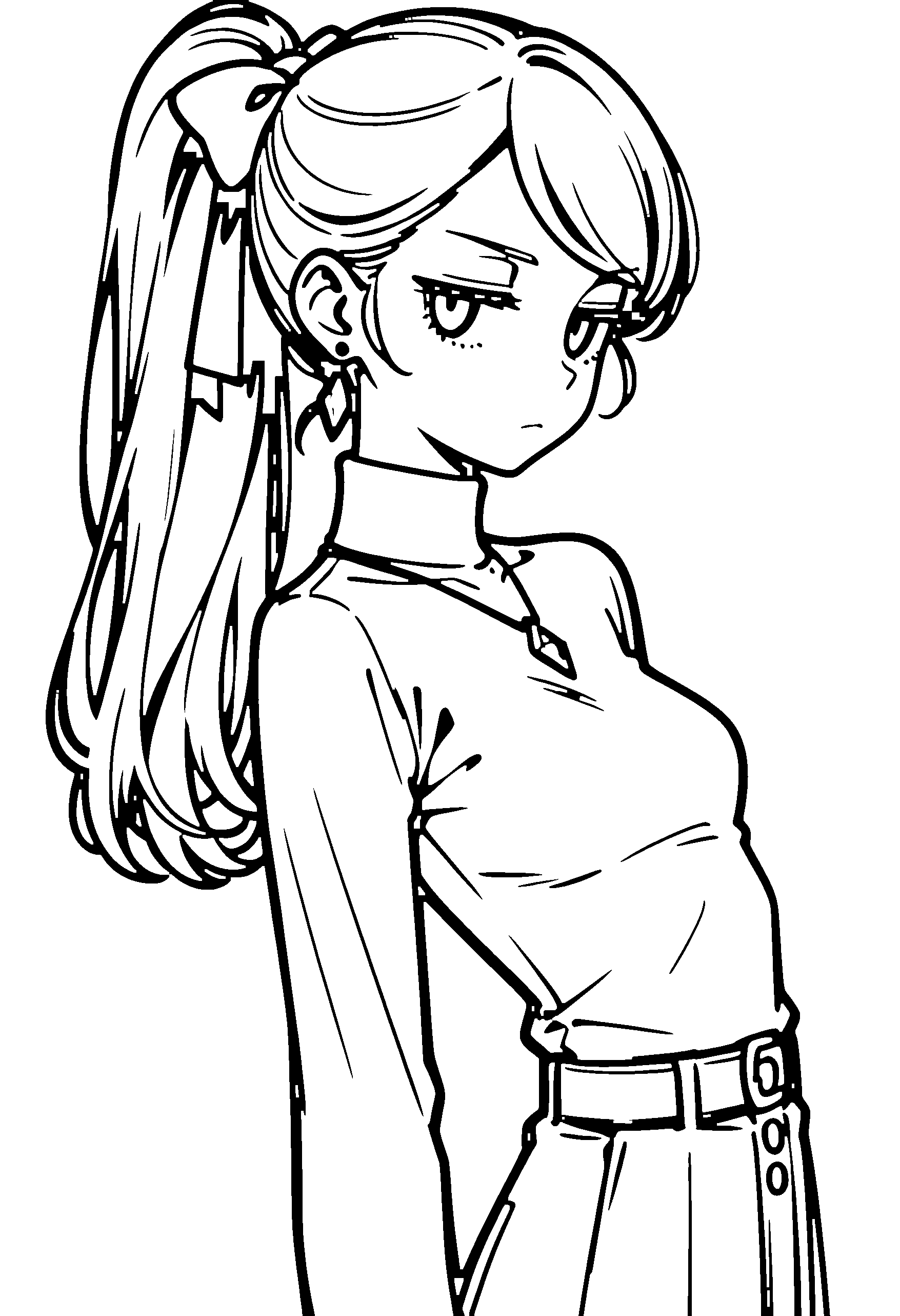 Black and white line art coloring page of an anime girl with long hair, ponytail, turtleneck, necklace and frowning