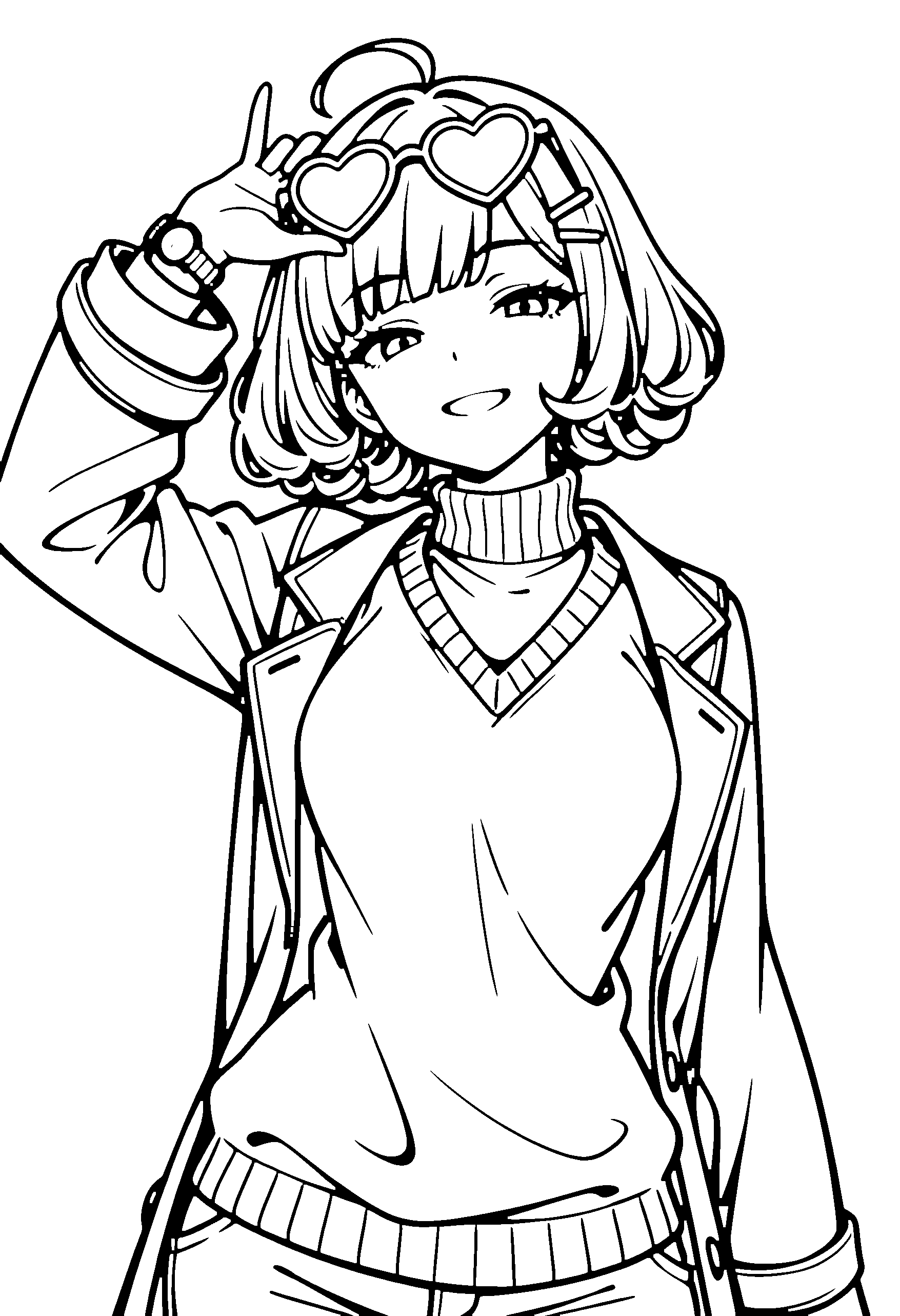 Black and white line art coloring page of an anime girl with bob cut, curly hair, coat, glasses and grinning