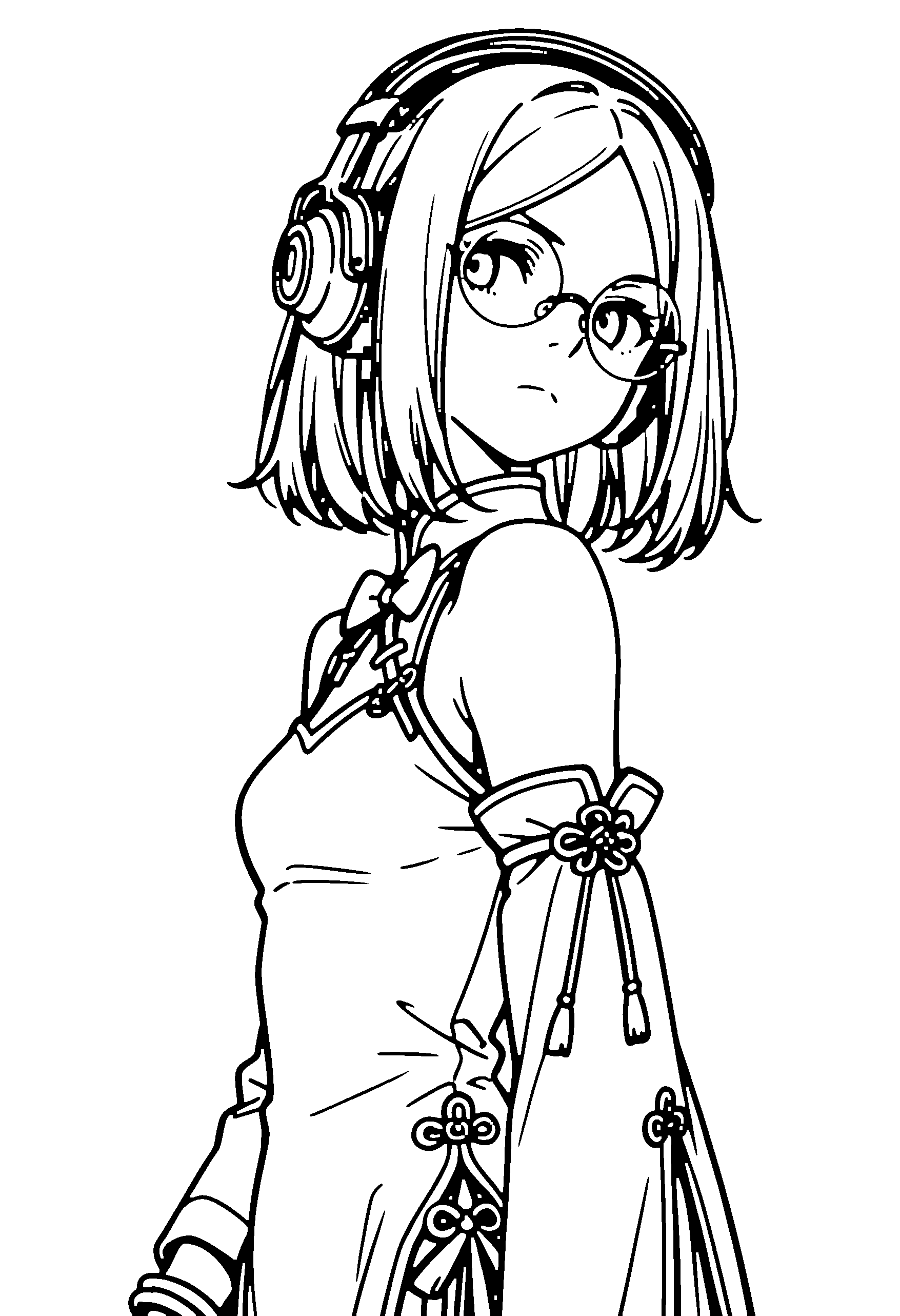 Black and white line art coloring page of an anime girl with medium hair, chinese dress, headphones, glasses, bow tie and frowning