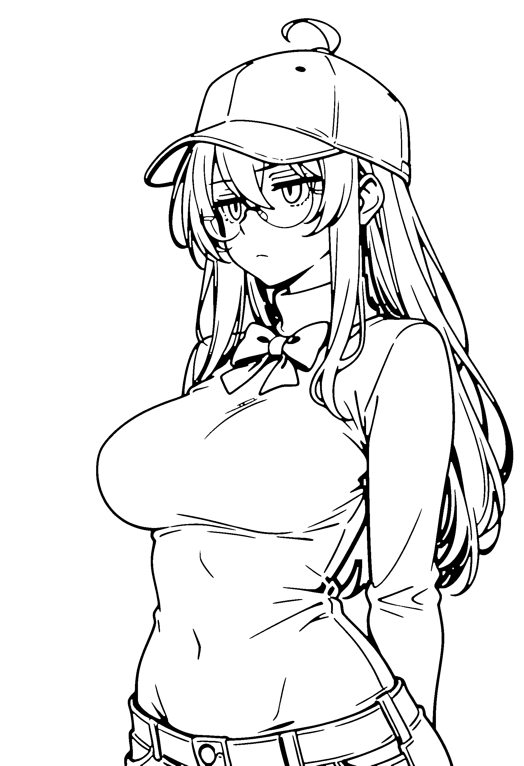 Black and white line art coloring page of an anime girl with long hair, turtleneck, cap, glasses, bow tie and frowning