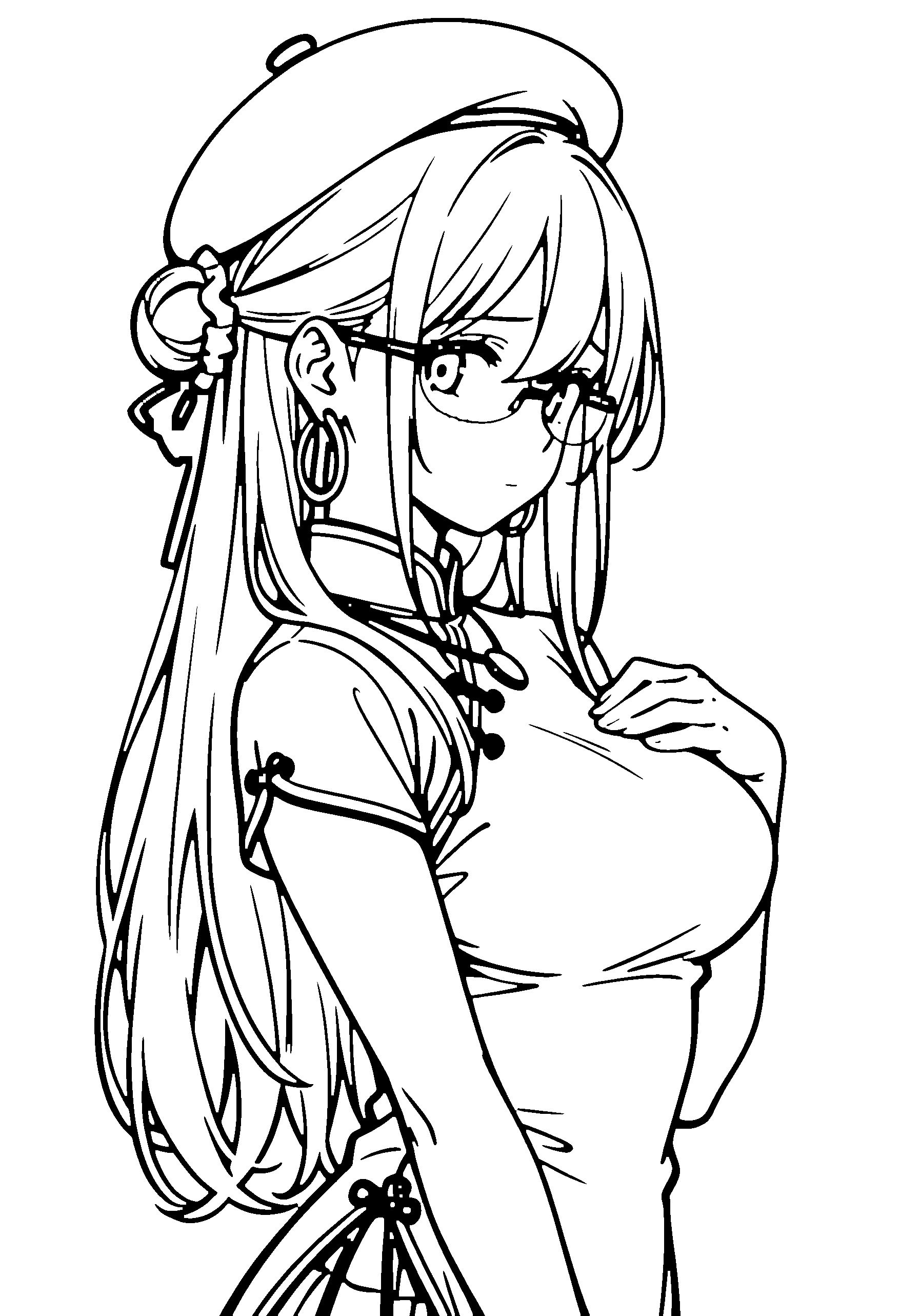 Black and white line art coloring page of an anime girl with long hair, hair bun, chinese dress, beret, glasses, necklace and shy