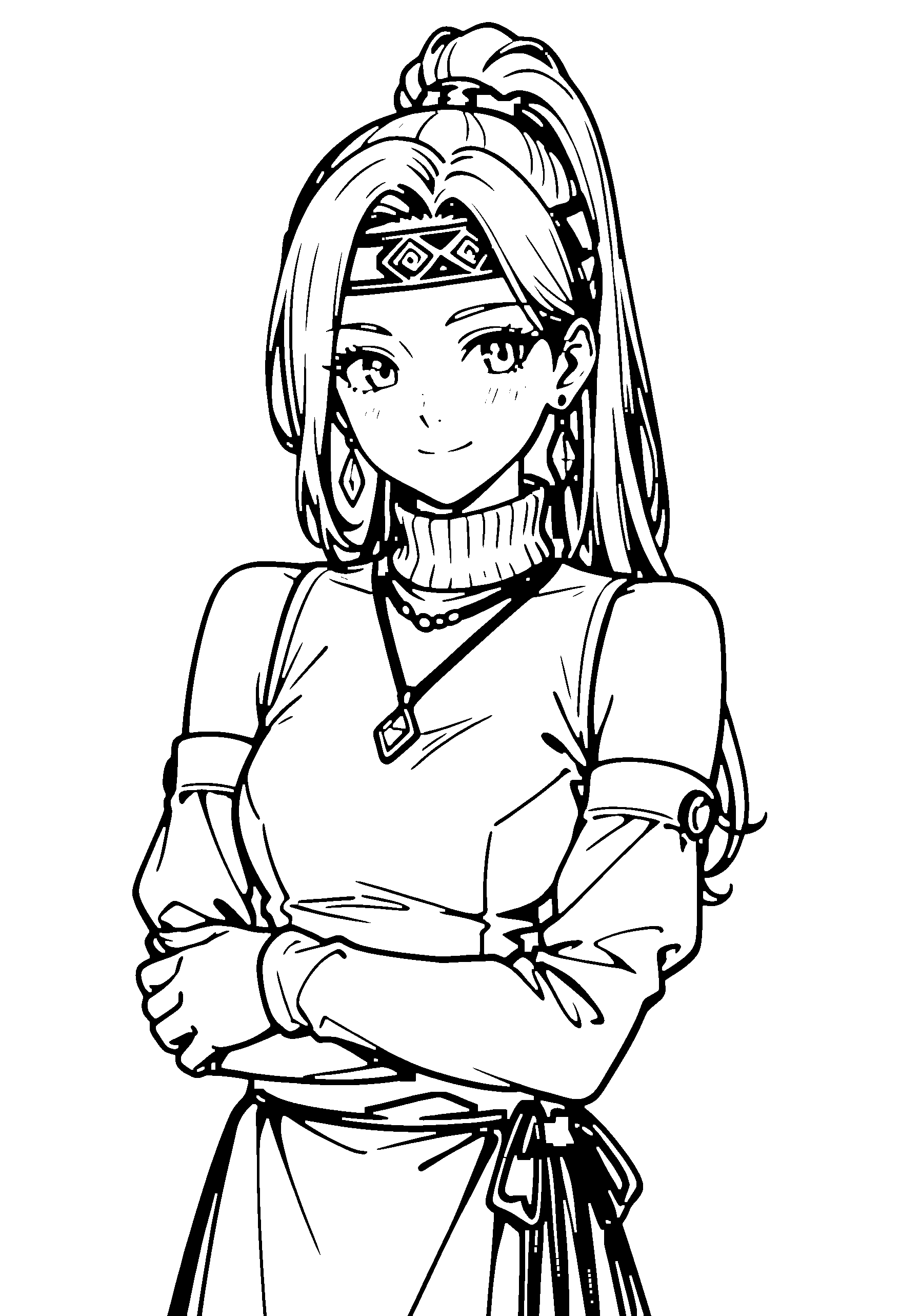 Black and white line art coloring page of an anime girl with long hair, ponytail, turtleneck, headband, necklace and smiling