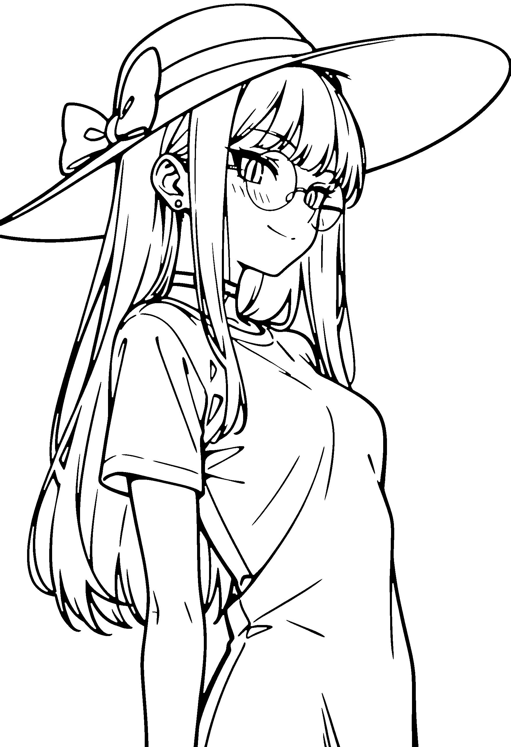 Black and white line art coloring page of an anime girl with long hair, t-shirt, sun hat, glasses, choker and smiling