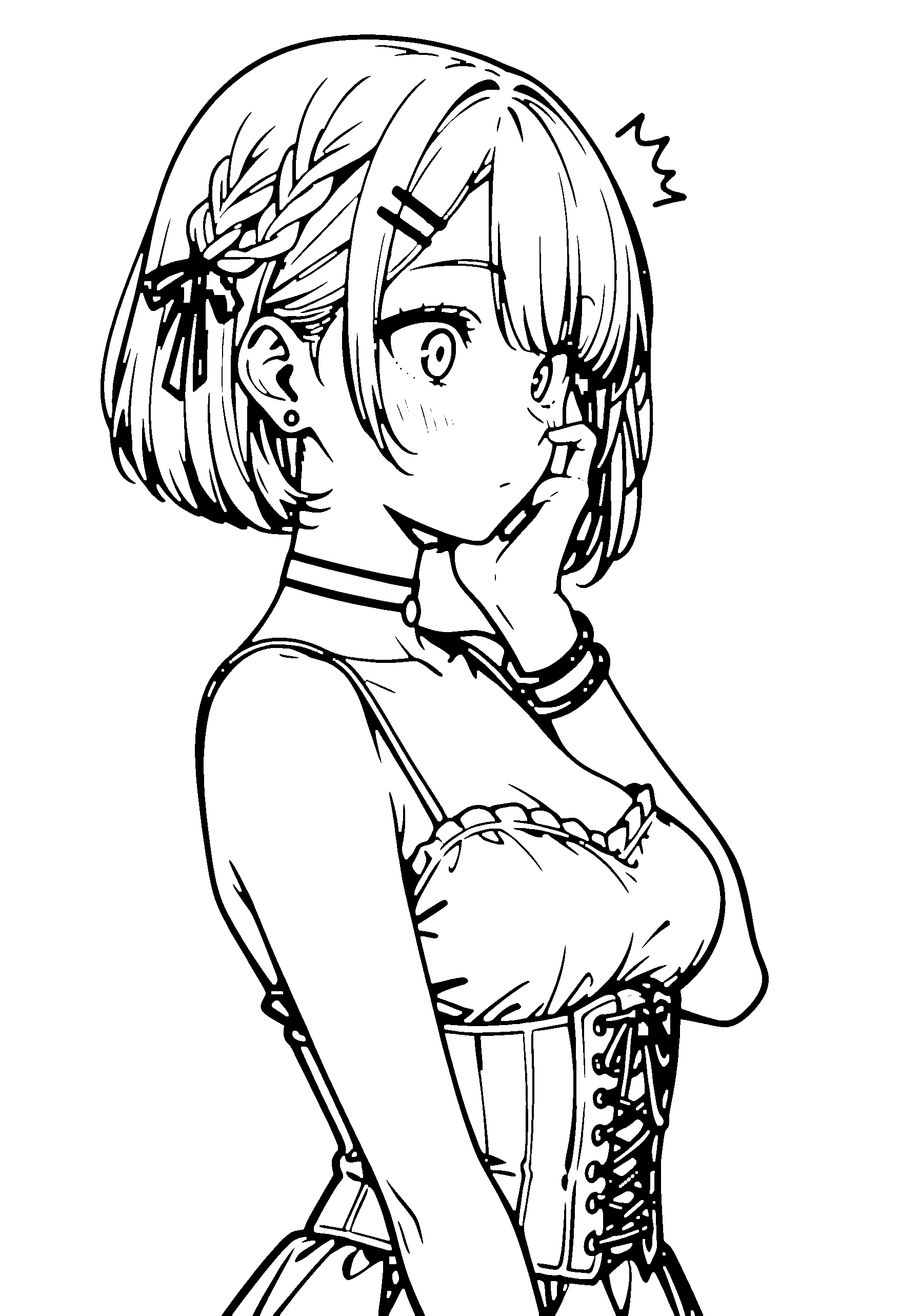 Black and white line art coloring page of an anime girl with bob cut, braid, corset, choker and surprised