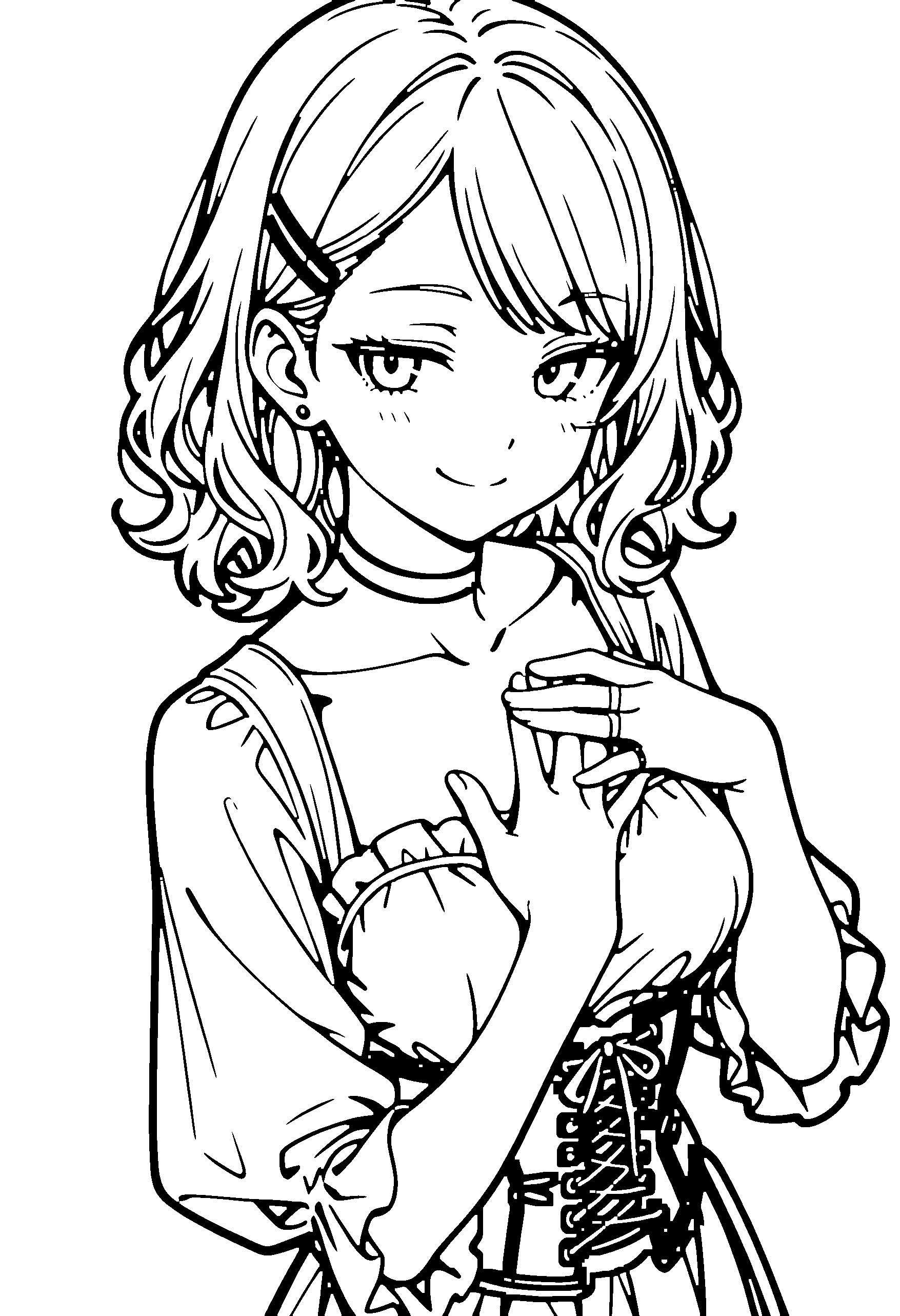 Black and white line art coloring page of an anime girl with medium hair, wavy hair, corset, choker and smiling