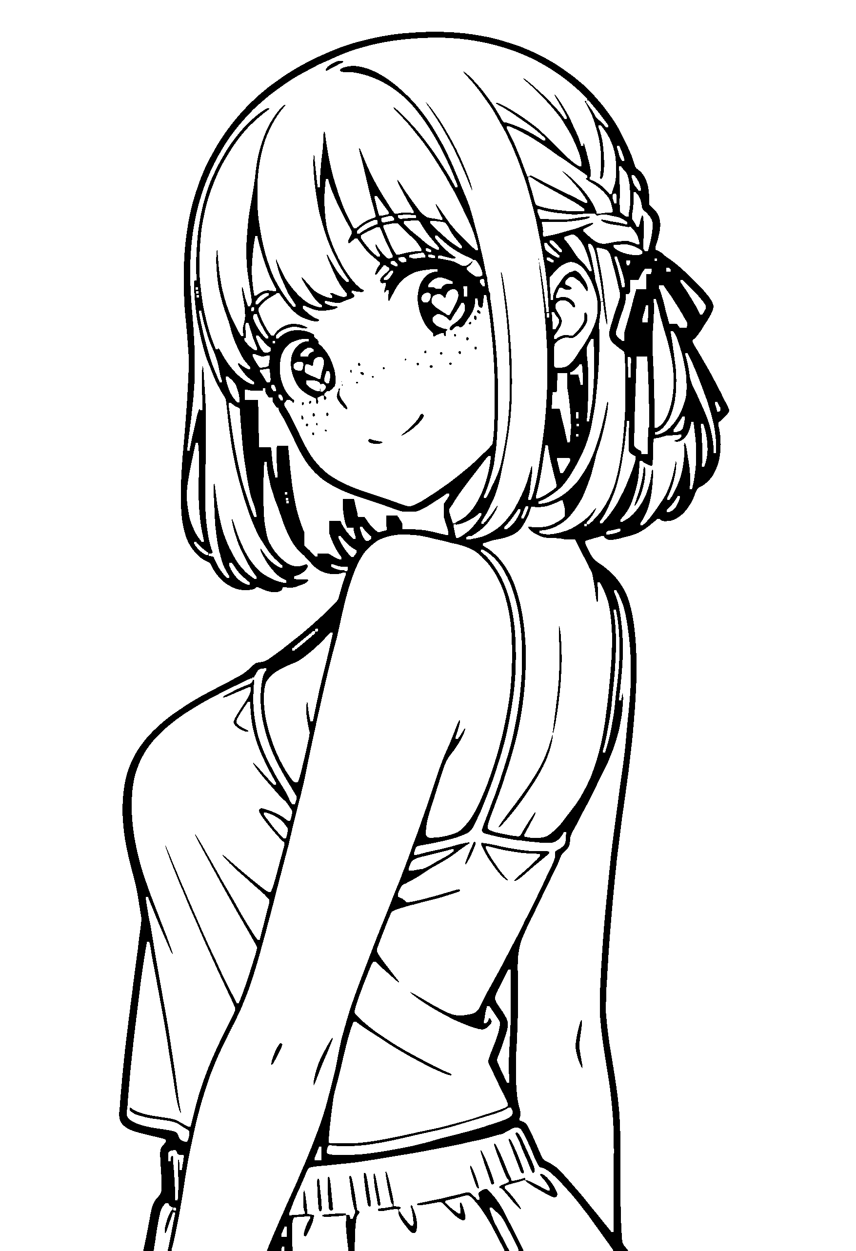Black and white line art coloring page of an anime girl with medium hair, braid, camisole and smiling