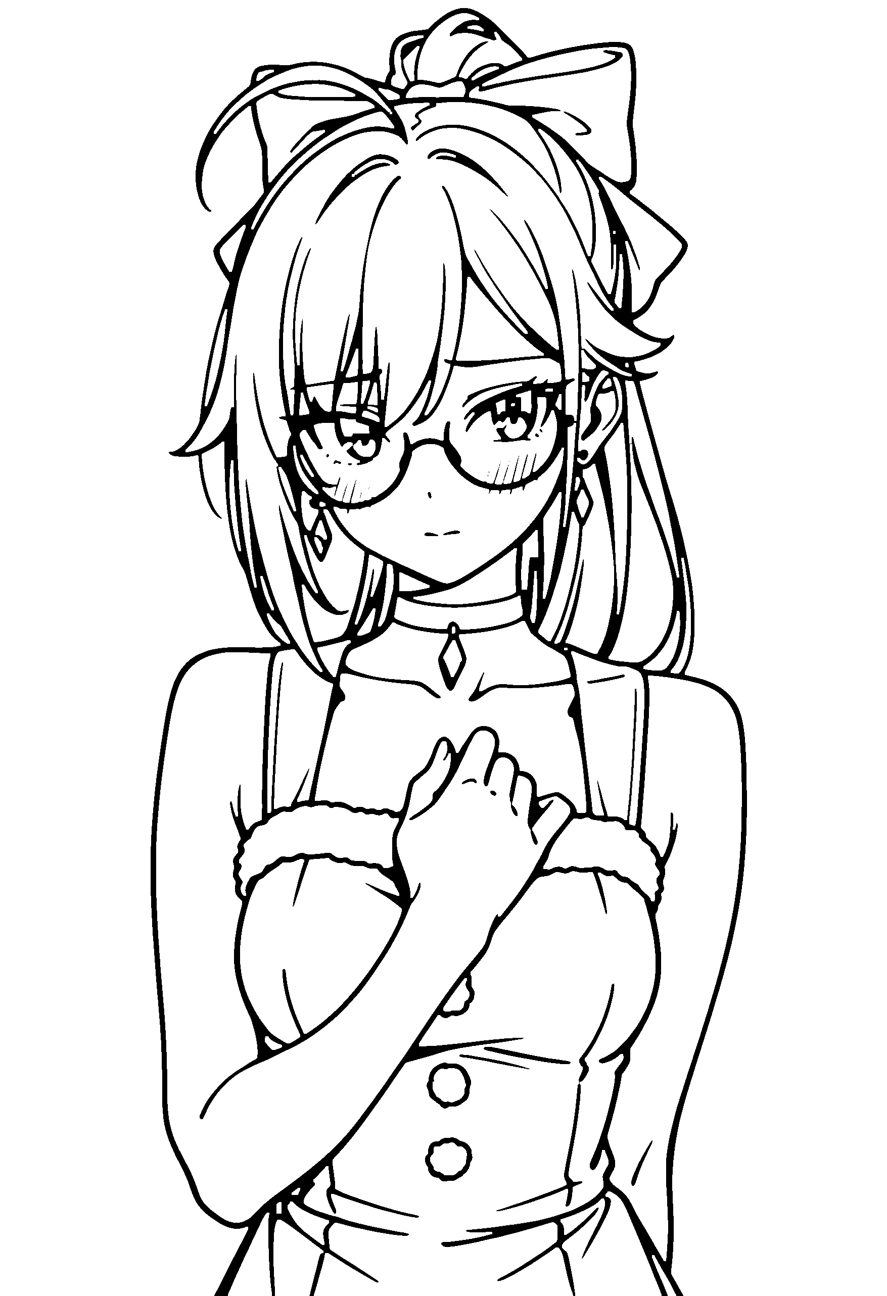 Black and white line art coloring page of an anime girl with santa costume, long hair, ponytail, glasses, choker and shy