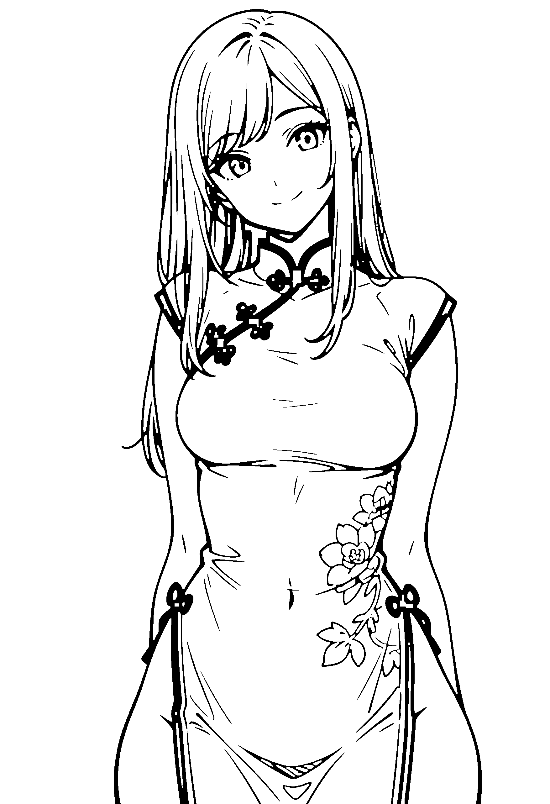 Black and white line art coloring page of an anime girl with long hair, chinese dress and smiling