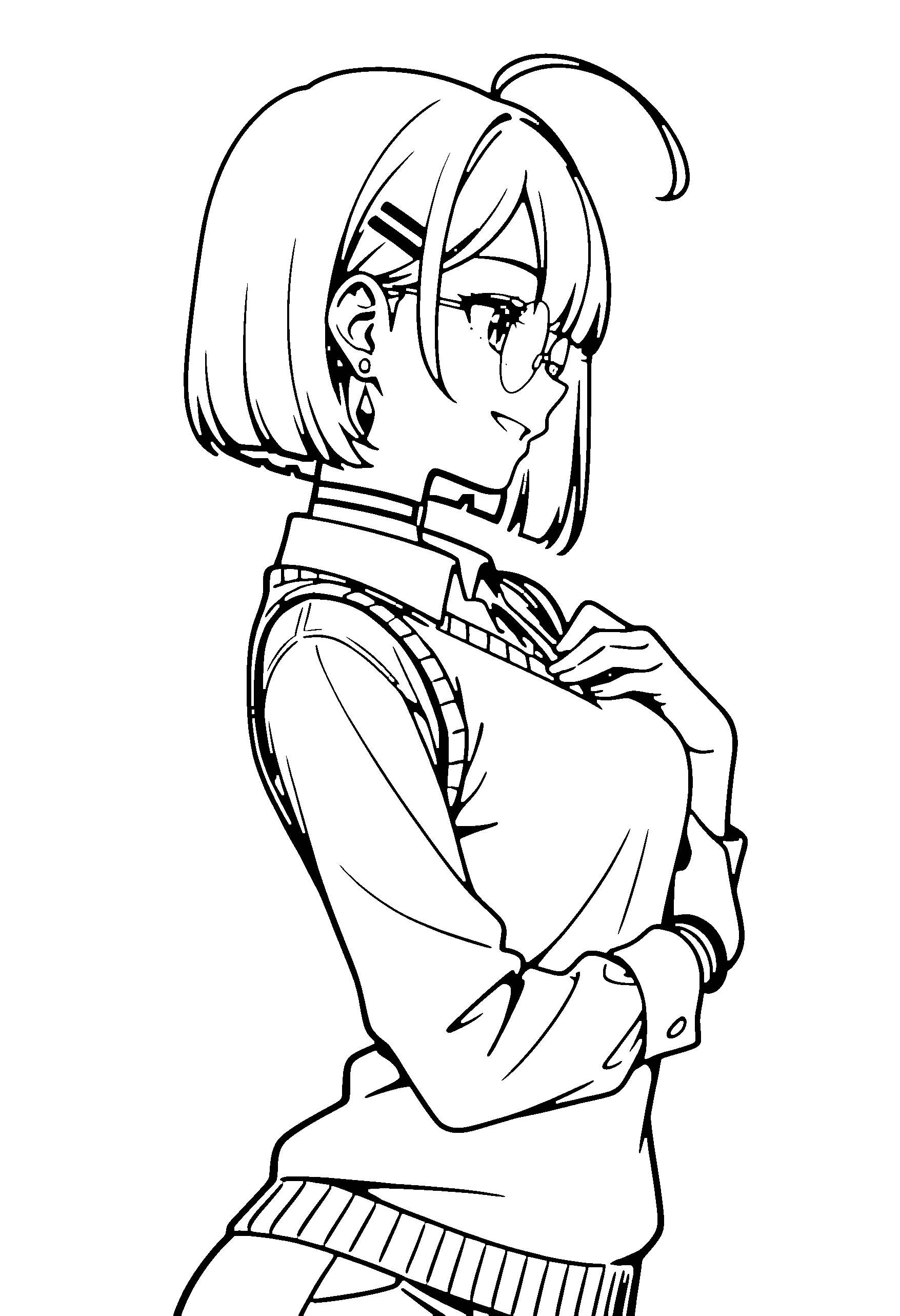 Black and white line art coloring page of an anime girl with bob cut, sweater vest, glasses, choker and grinning