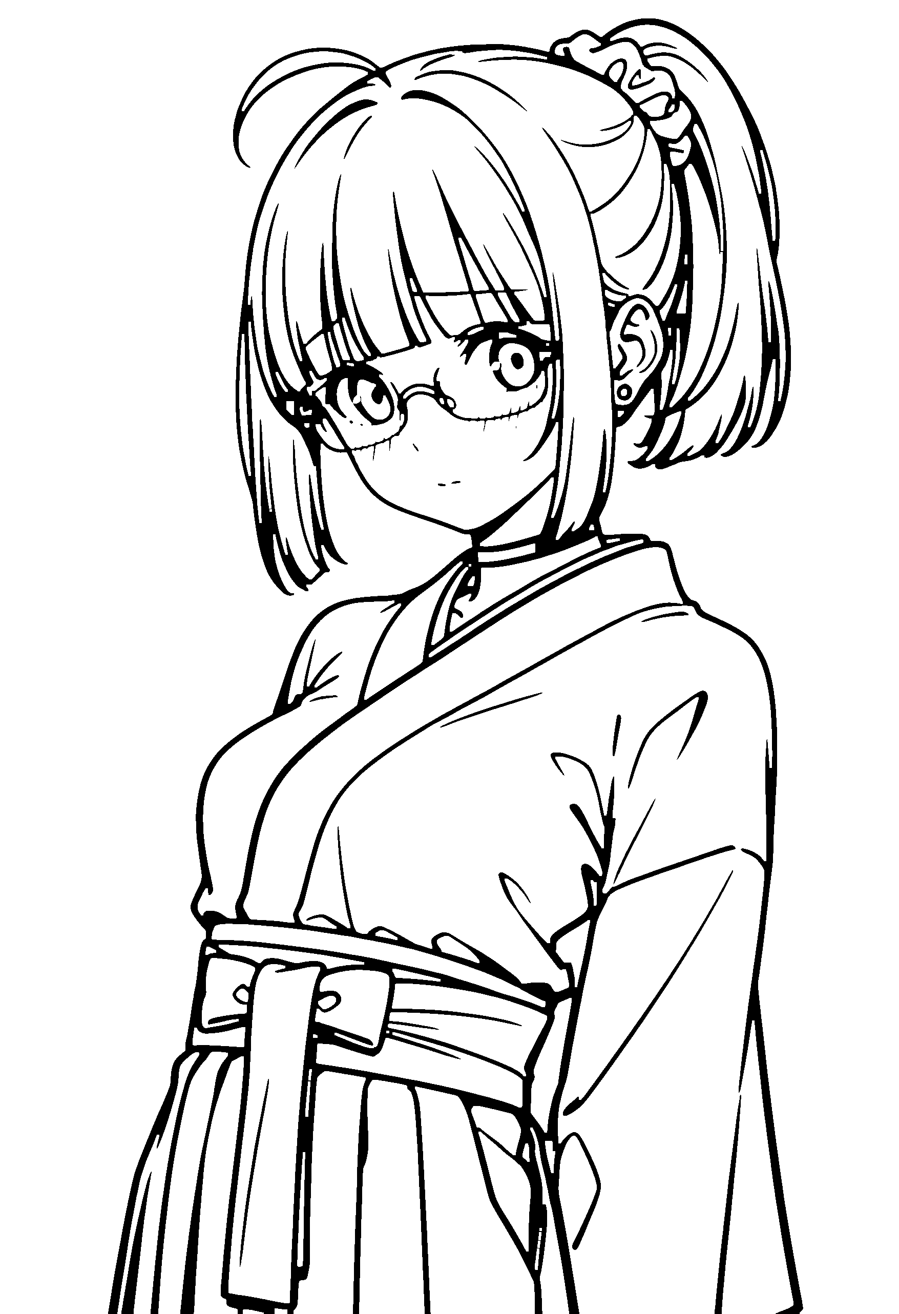 Black and white line art coloring page of an anime girl with bob cut, ponytail, kimono, glasses, choker and shy