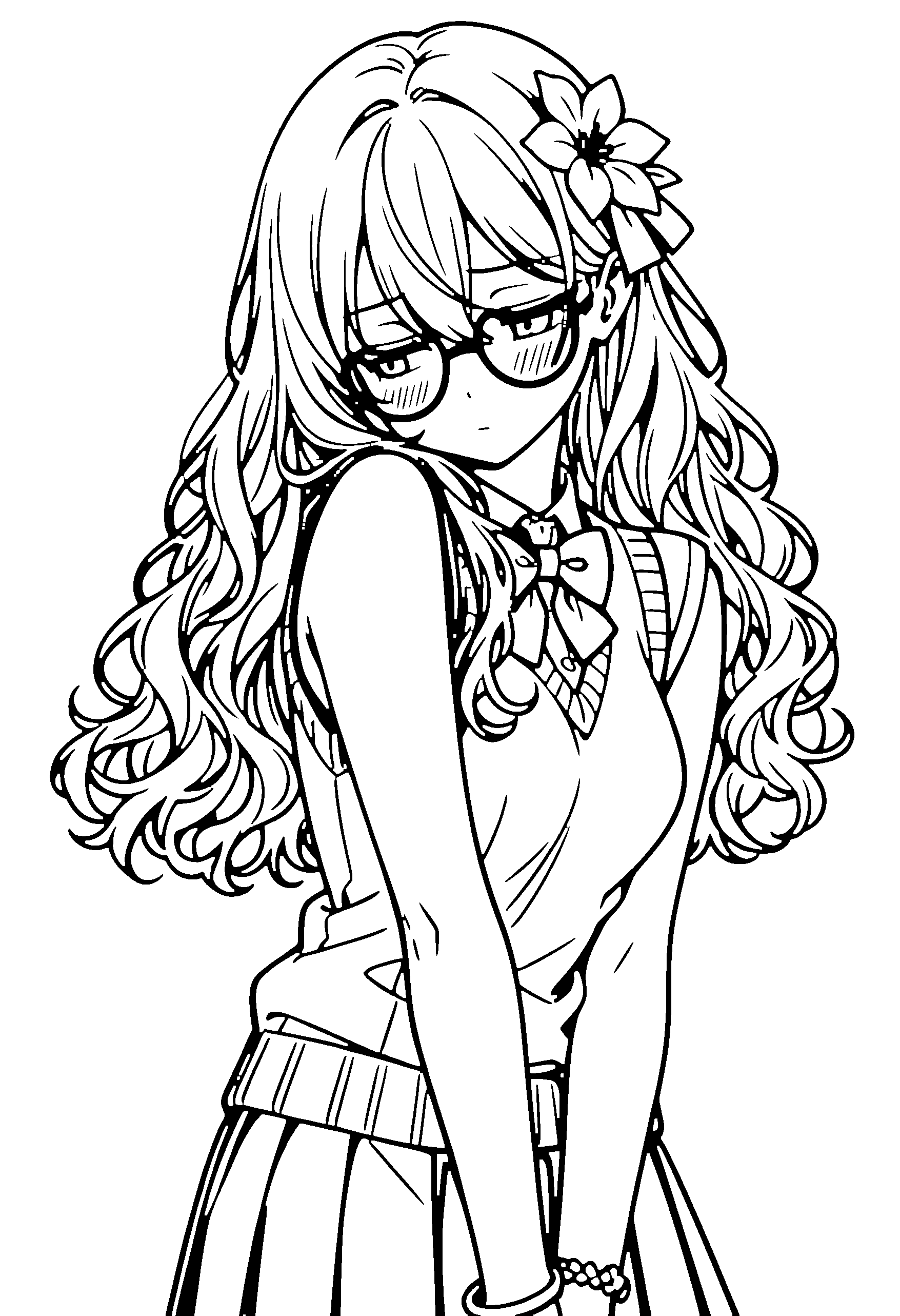 Black and white line art coloring page of an anime girl with long hair, wavy hair, sweater vest, hair flower, glasses, bow tie and shy