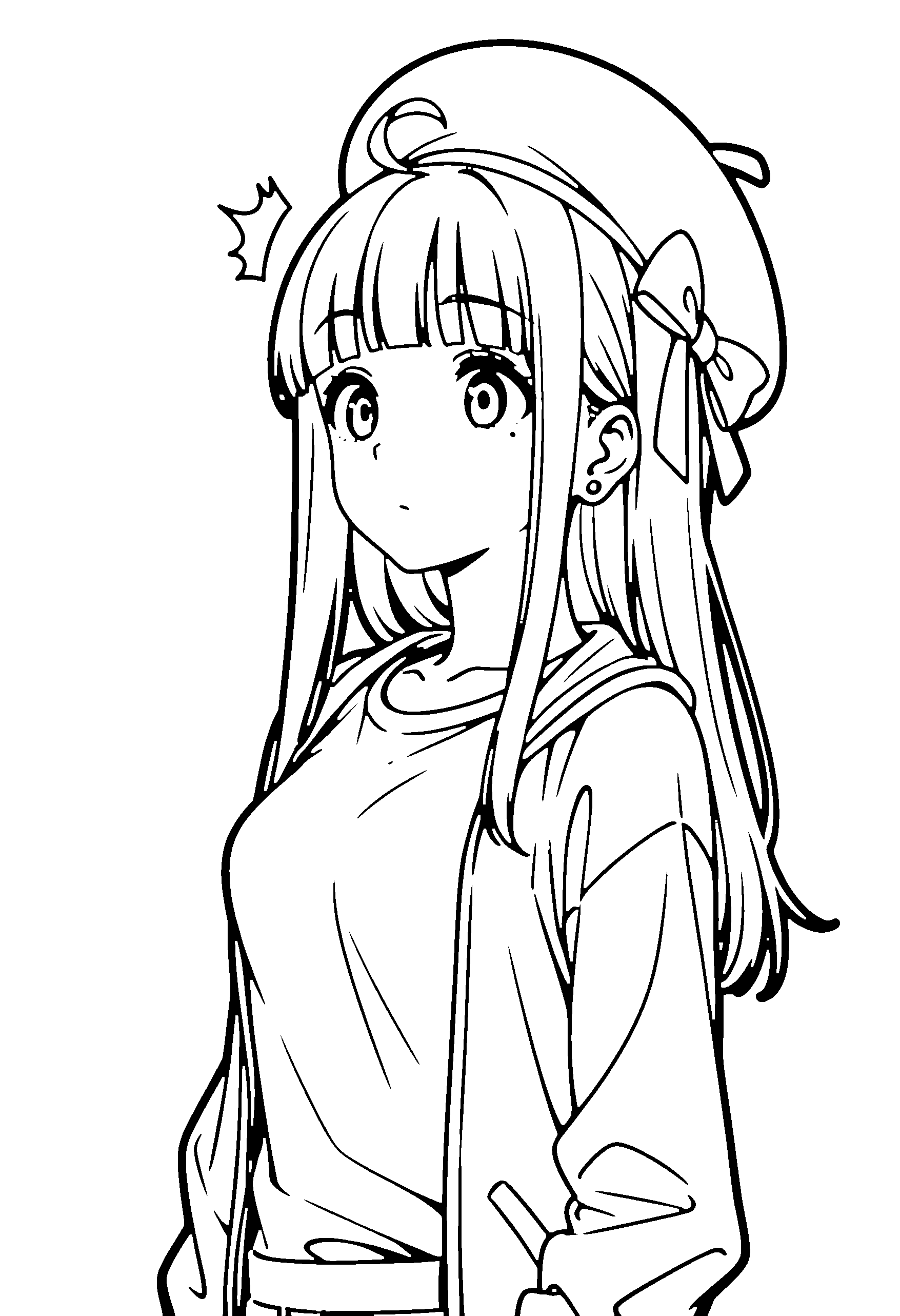 Black and white line art coloring page of an anime girl with long hair, jacket, beret and surprised