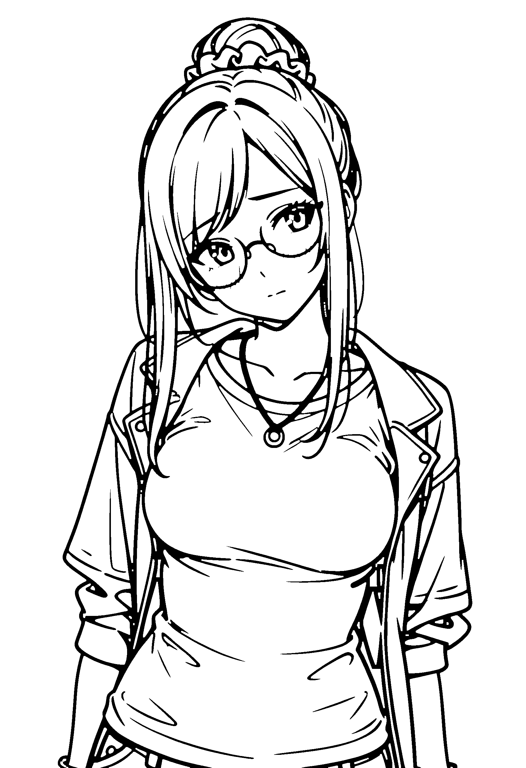 Black and white line art coloring page of an anime girl with long hair, hair bun, jacket, glasses, necklace and shy