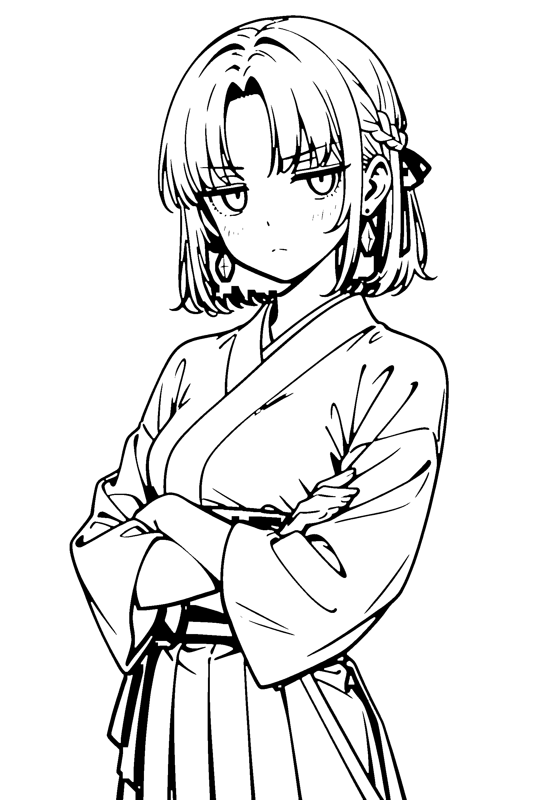 Black and white line art coloring page of an anime girl with medium hair, braid, kimono and frowning