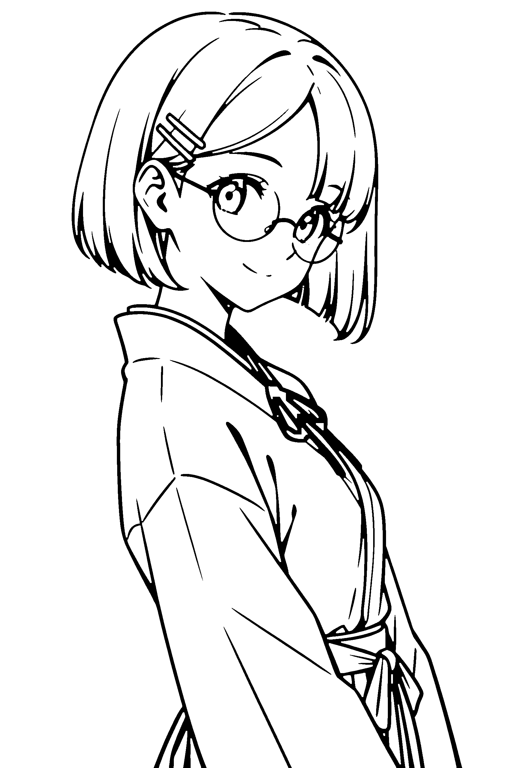 Black and white line art coloring page of an anime girl with bob cut, kimono, glasses, ribbon and smiling